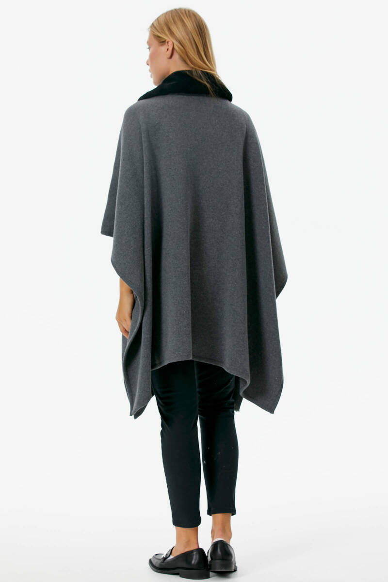 Kadın Suni Kürk Detaylı Triko Panço - Koyu Gri (5) Sementa