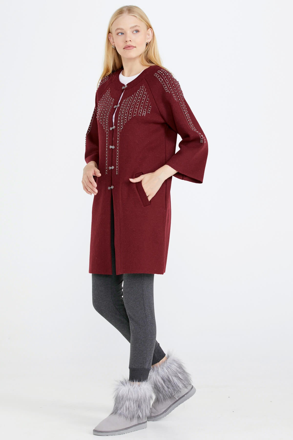 Kadın Taşlı Agraflı Triko Ceket - Bordo (3) Sementa