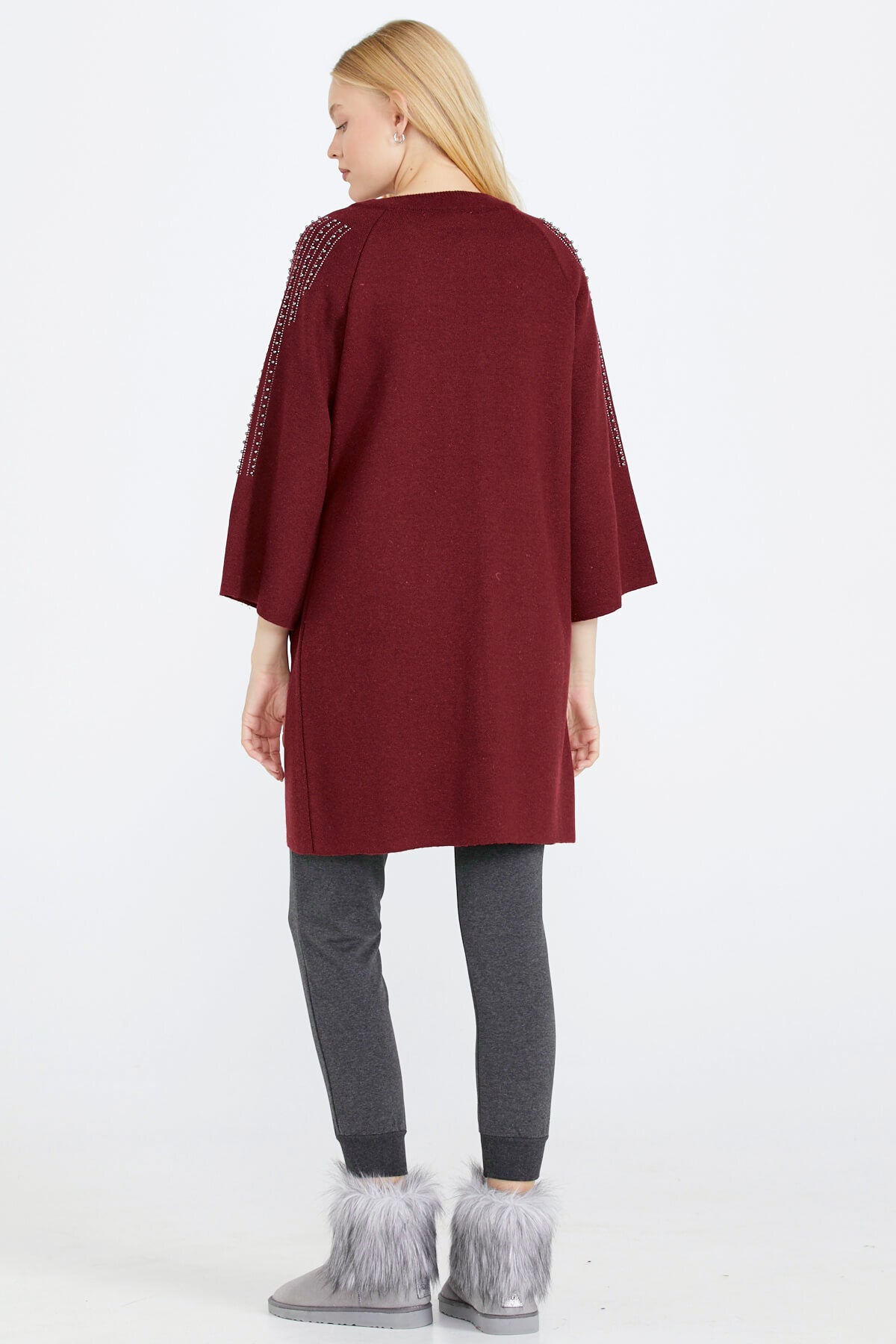 Kadın Taşlı Agraflı Triko Ceket - Bordo (4) Sementa