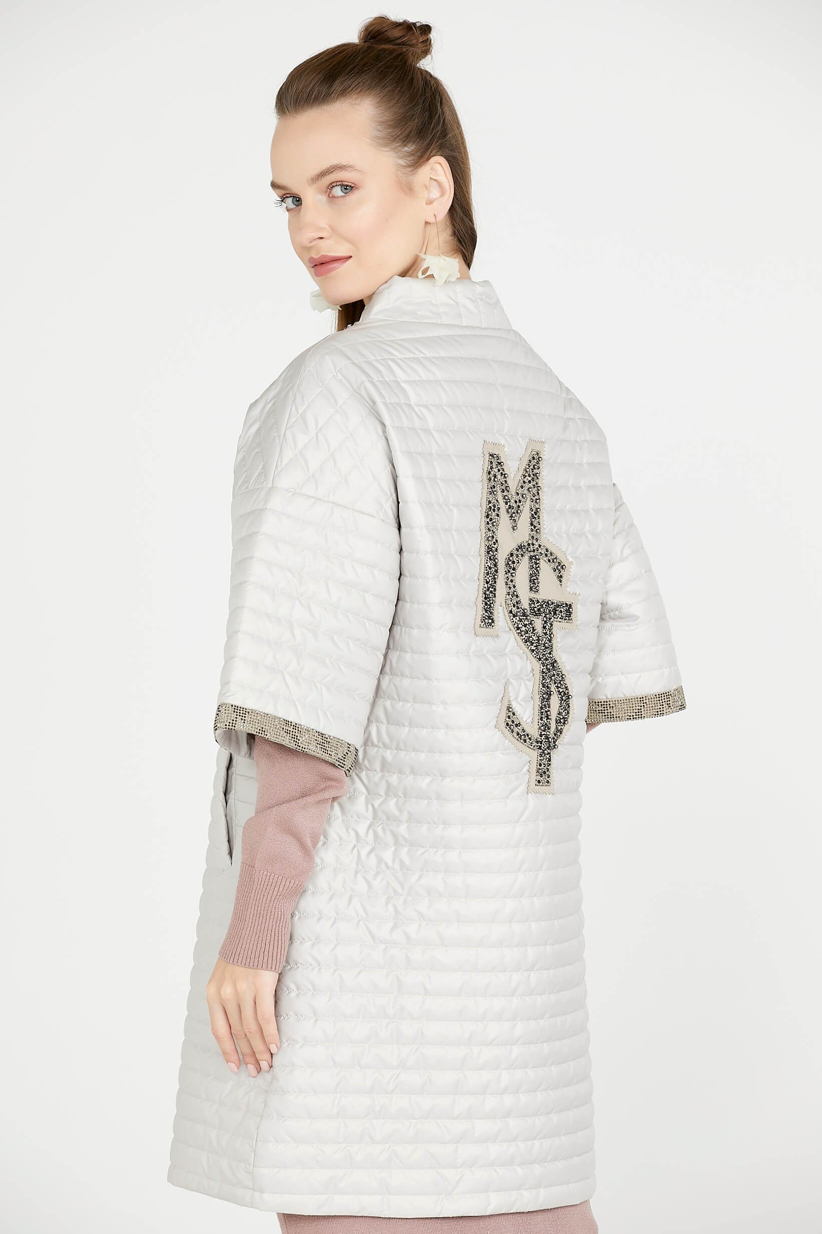 Kadın Truvakar Kol Fermuarlı Uzun Mont - Kemik (4) Sementa