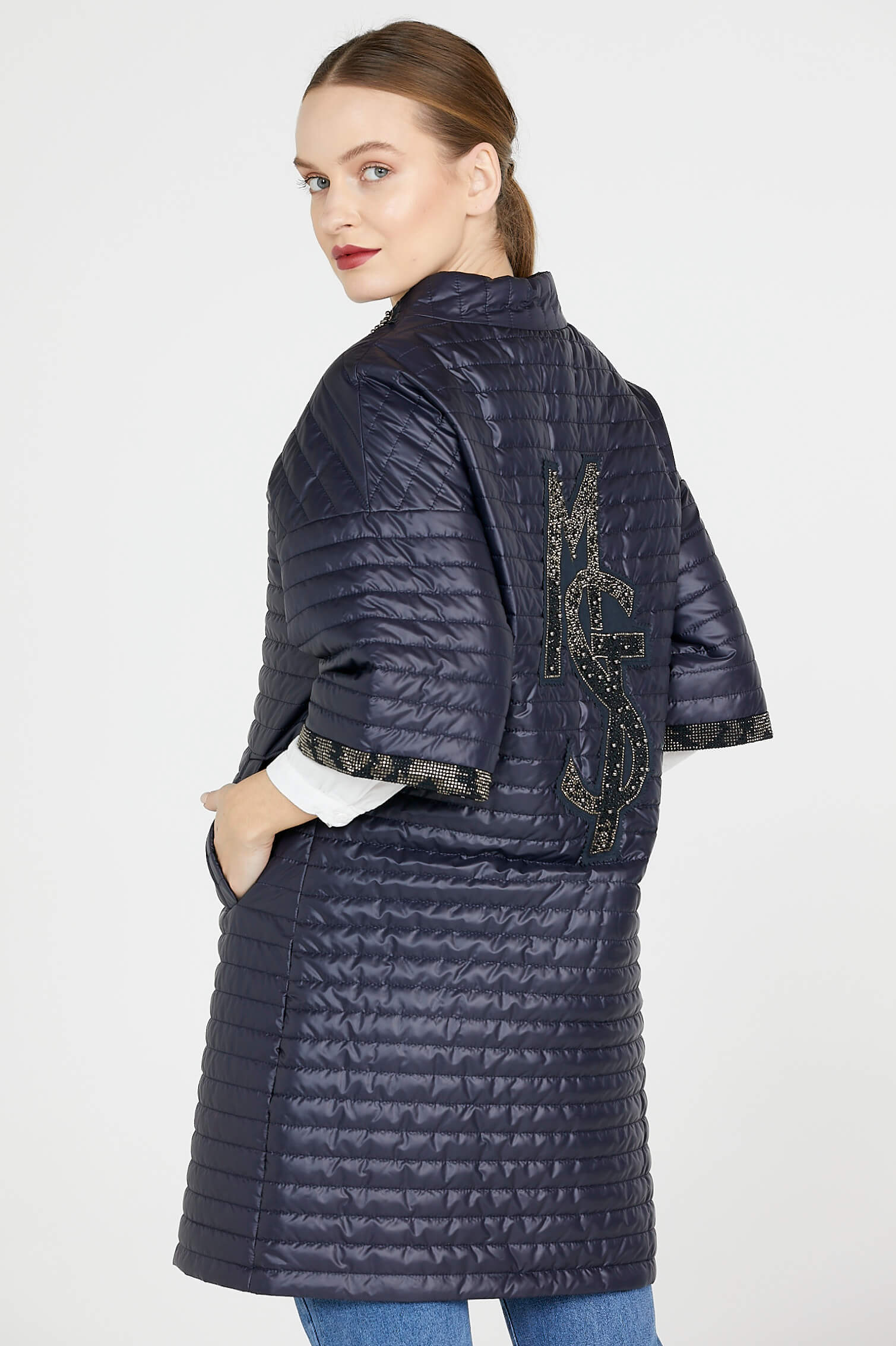 Kadın Truvakar Kol Fermuarlı Uzun Mont - Lacivert (4) Sementa