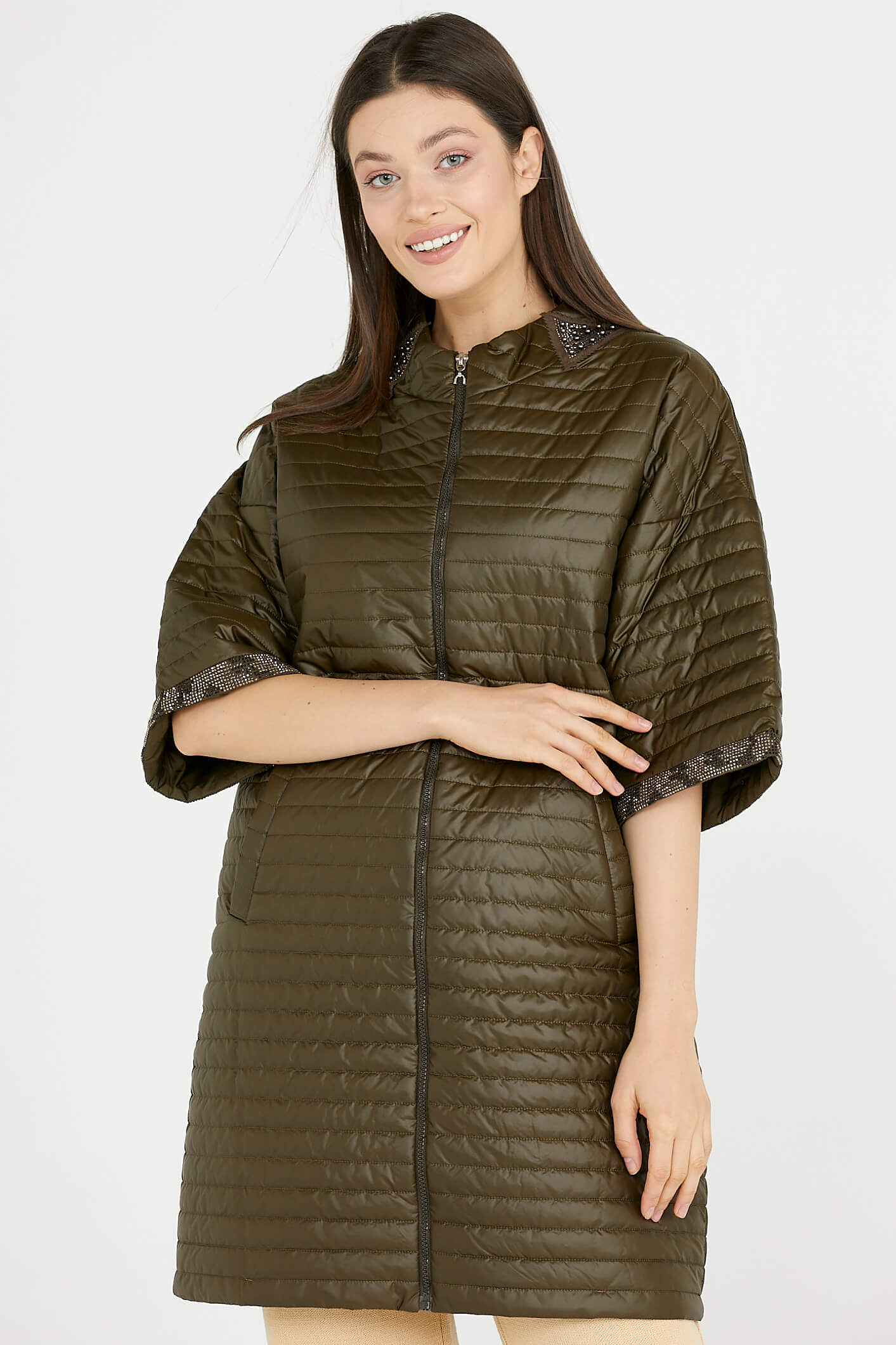 Kadın Truvakar Kol Fermuarlı Uzun Mont - Yeşil (1) Sementa