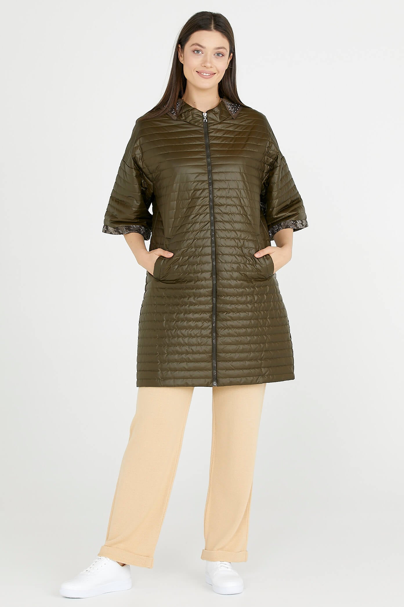 Kadın Truvakar Kol Fermuarlı Uzun Mont - Yeşil (2) Sementa