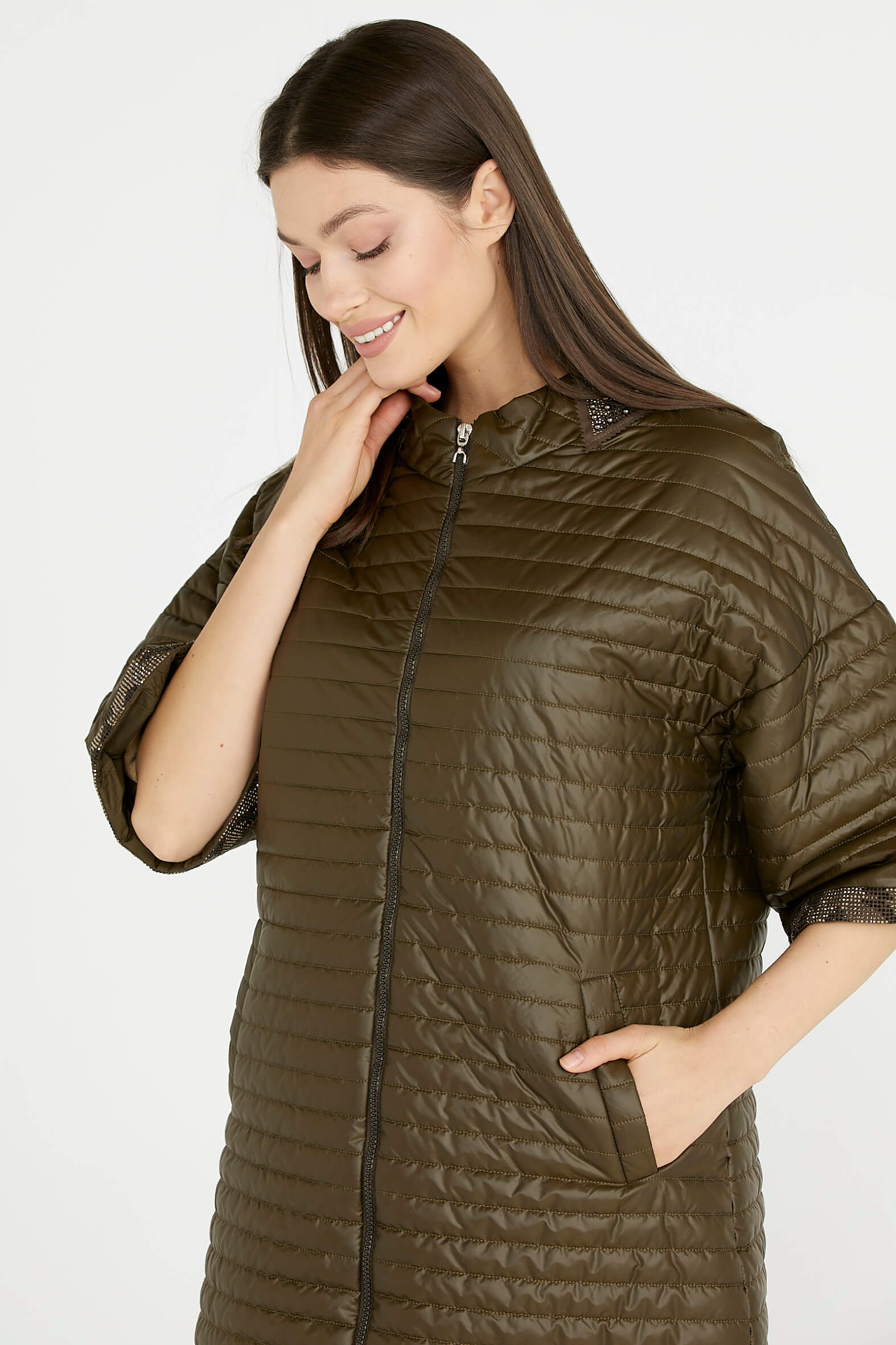 Kadın Truvakar Kol Fermuarlı Uzun Mont - Yeşil (3) Sementa