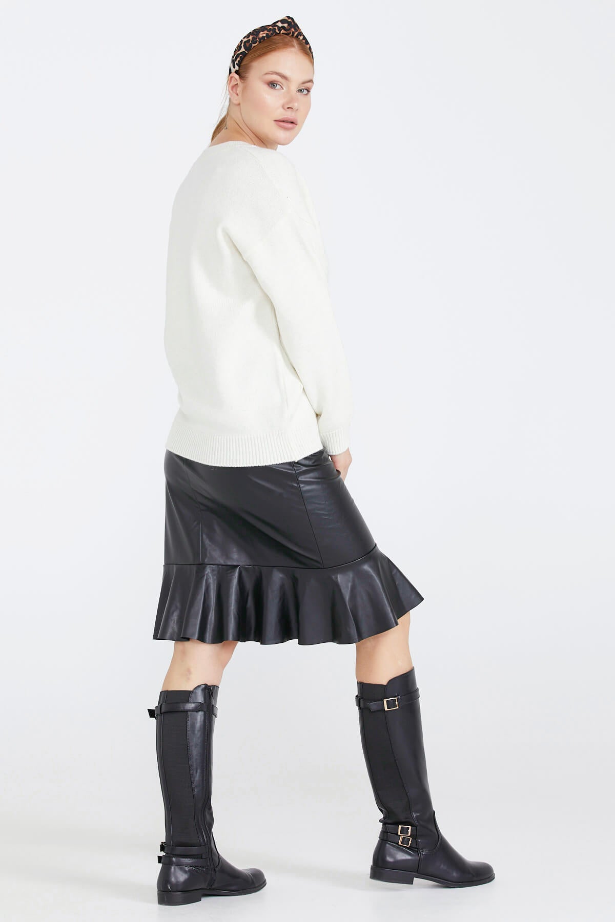 Kadın V Yaka Triko Kazak - Kemik (4) Sementa