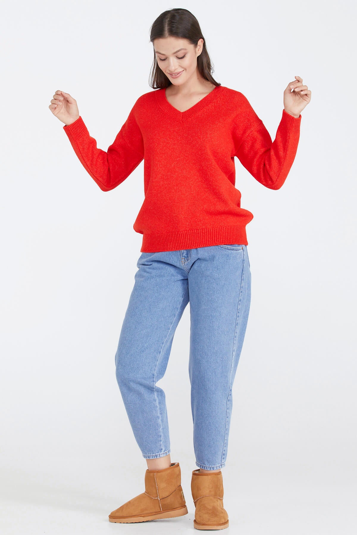 Kadın V Yaka Triko Kazak - Kırmızı (3) Sementa