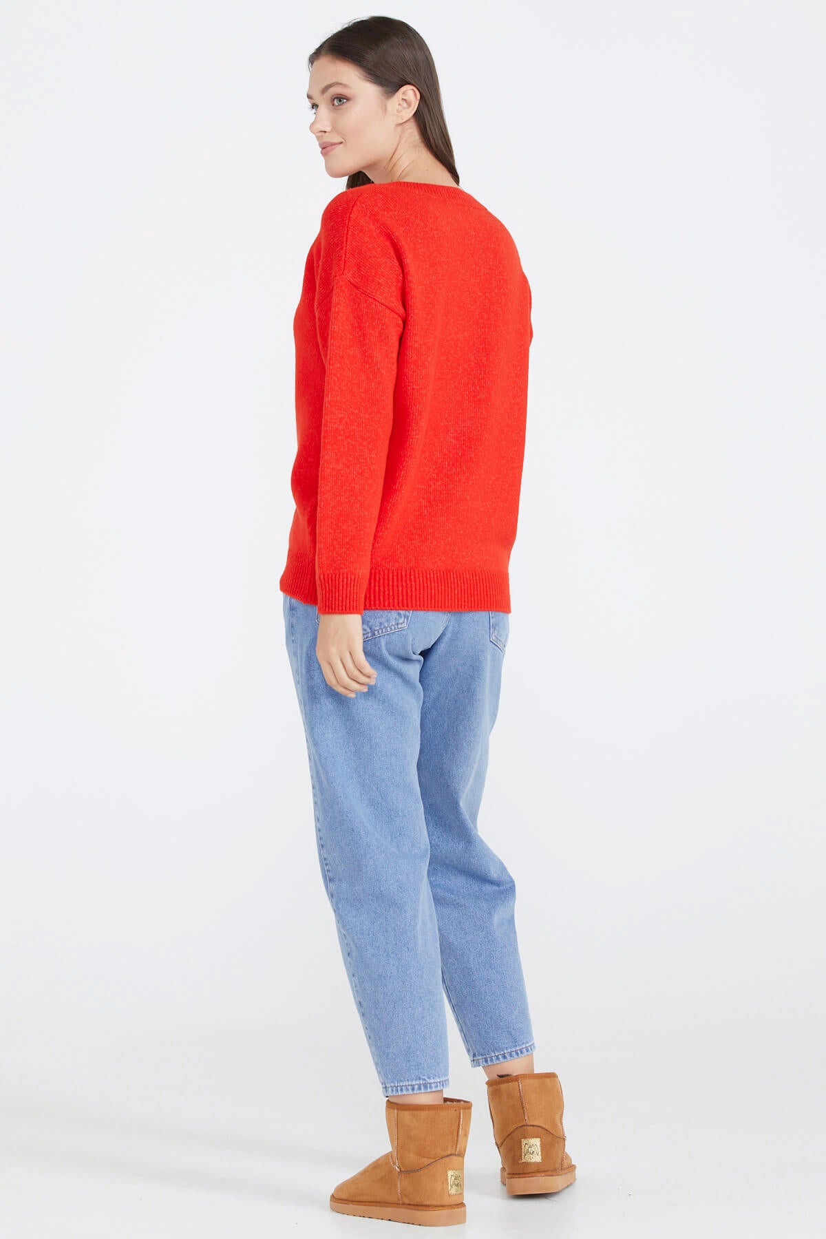 Kadın V Yaka Triko Kazak - Kırmızı (4) Sementa