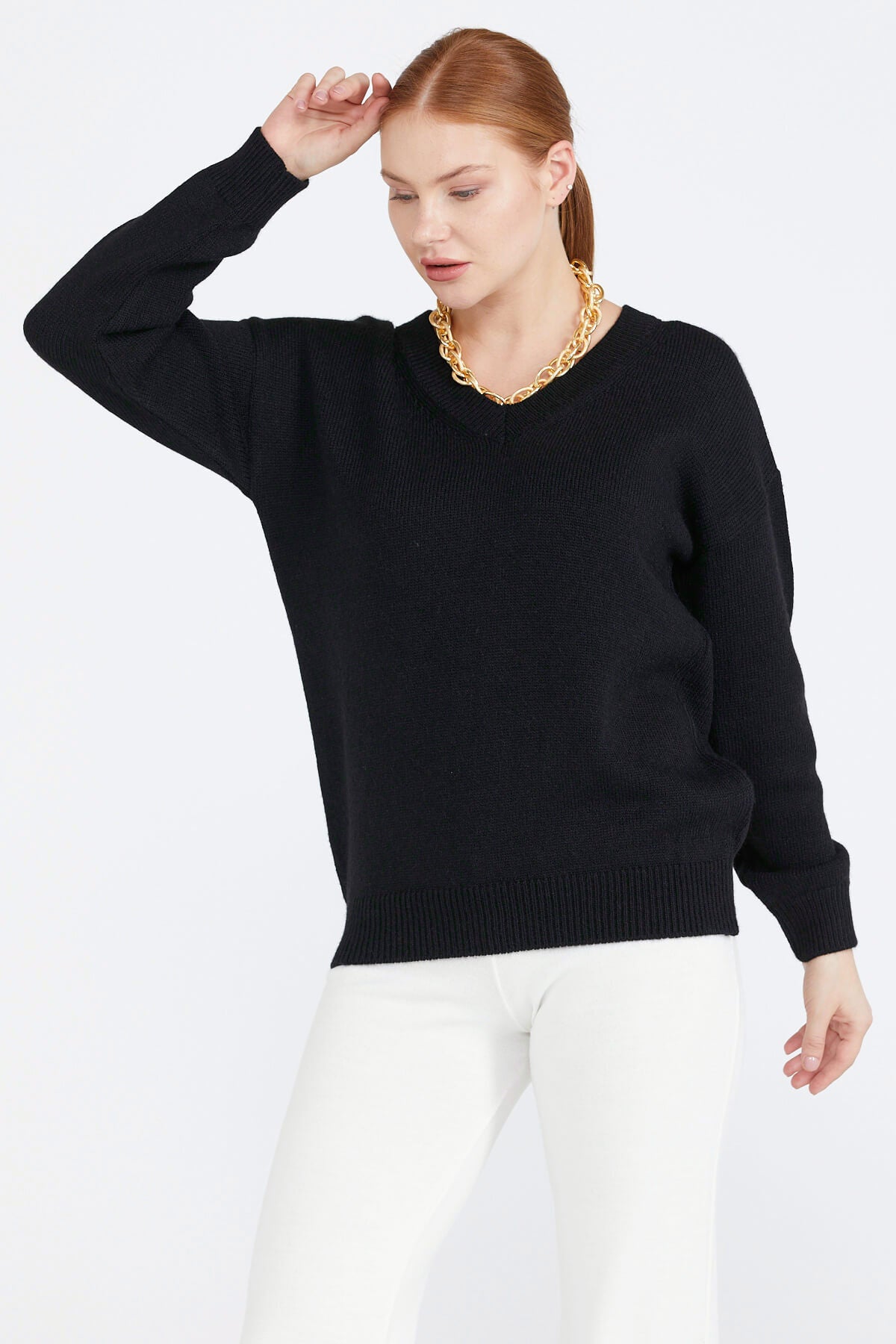 Kadın V Yaka Triko Kazak - Siyah (3) Sementa