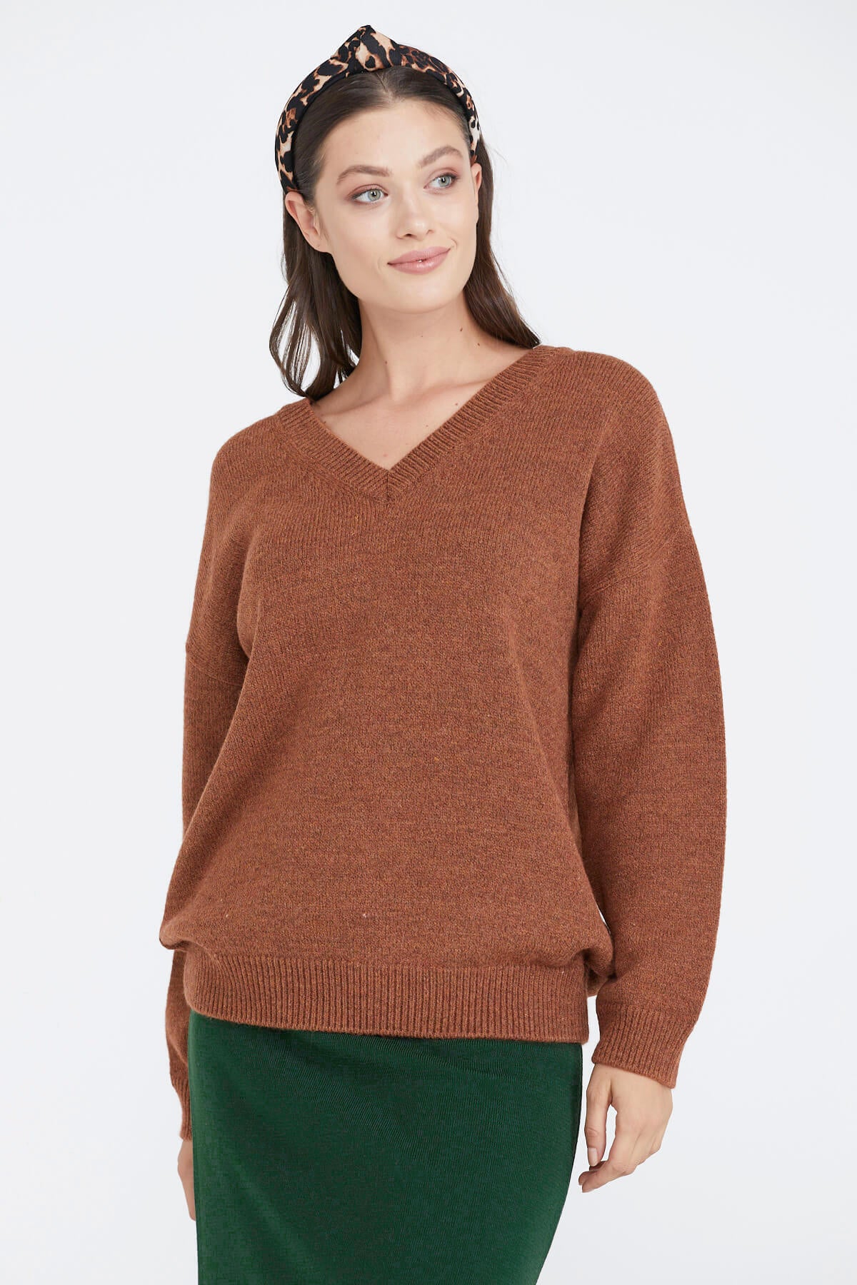 Kadın V Yaka Triko Kazak - Taba (3) Sementa