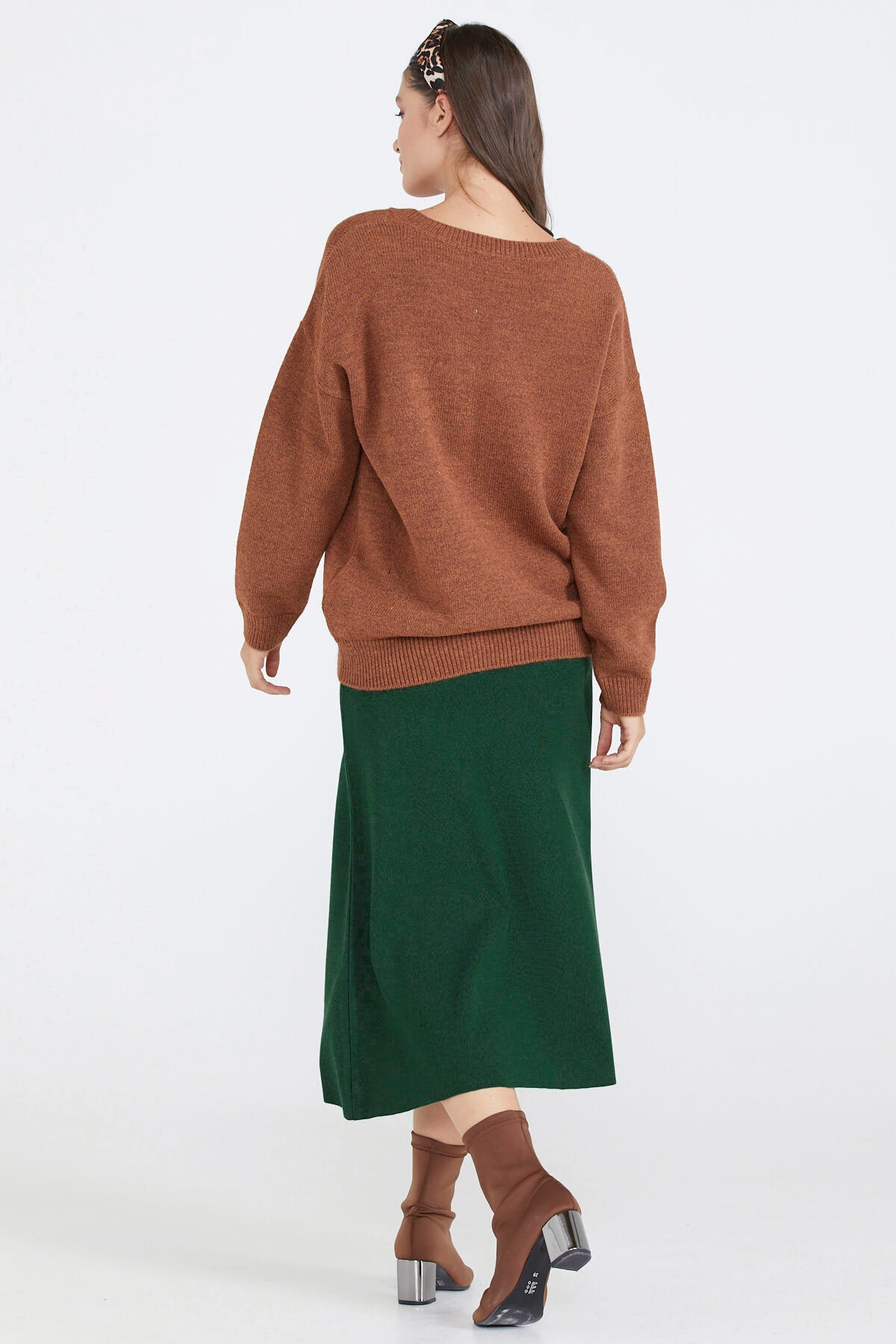 Kadın V Yaka Triko Kazak - Taba (4) Sementa