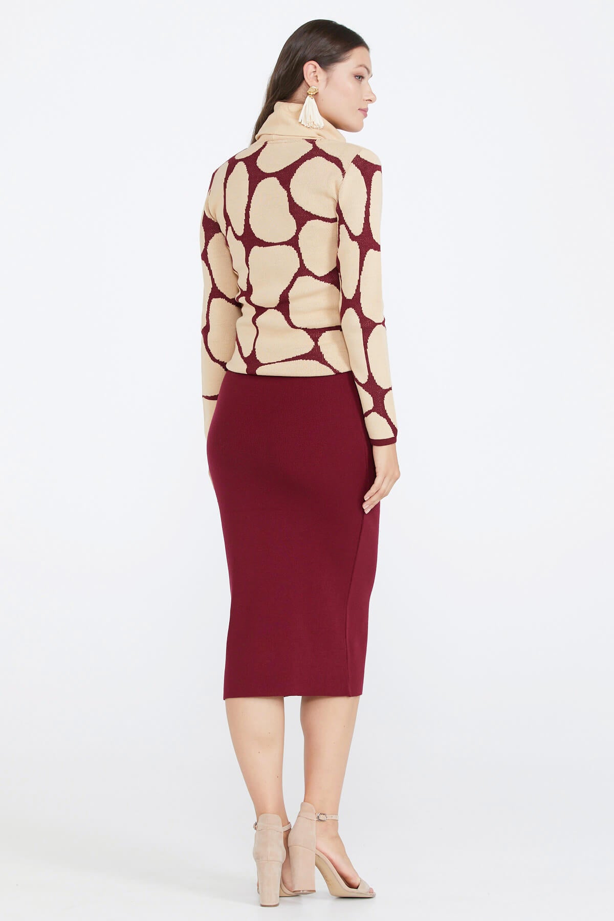 Kadın Yırtmaçlı Triko Etek - Bordo (4) Sementa