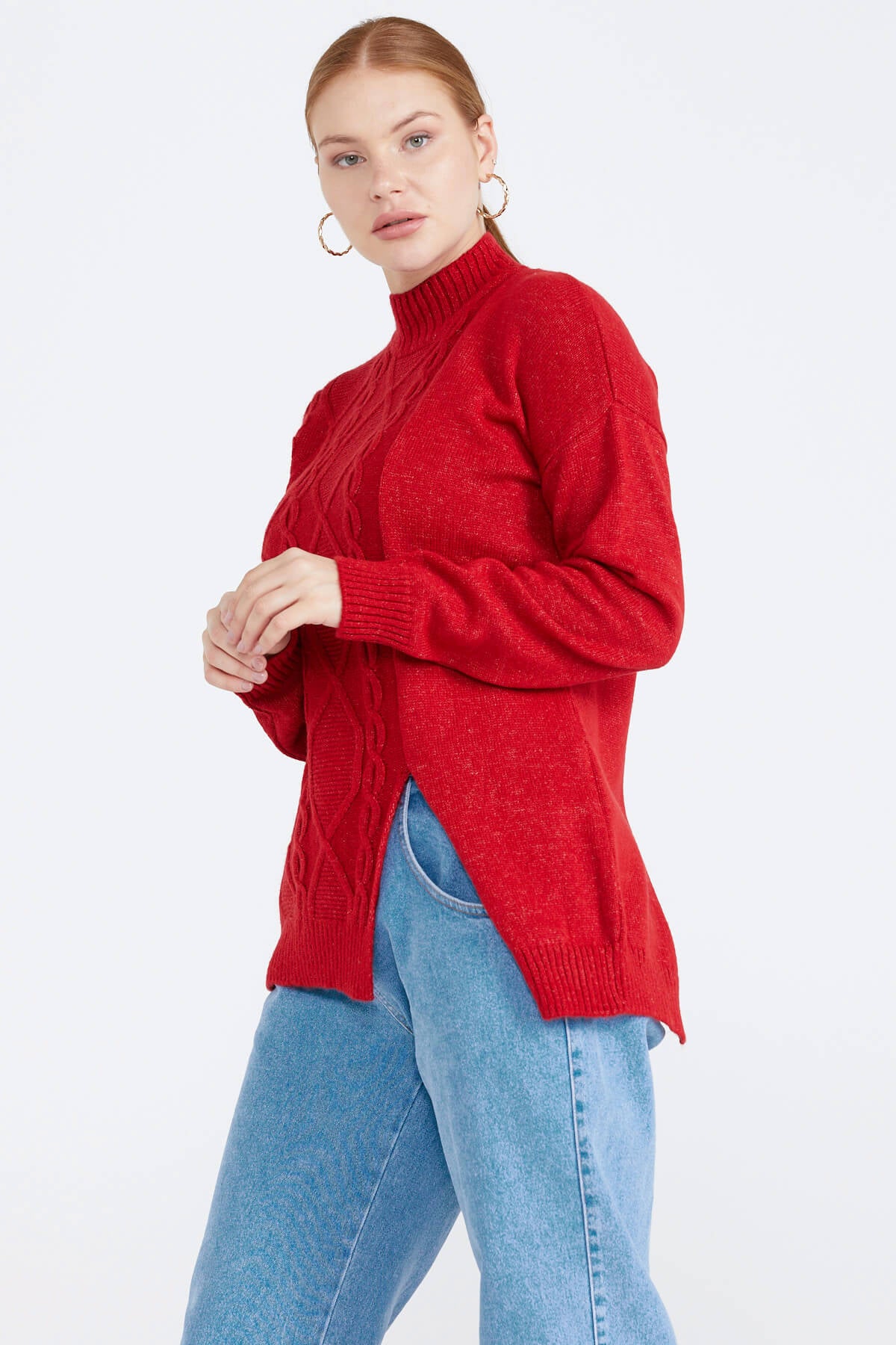 Kadın Yırtmaçlı Triko Kazak - Kırmızı (3) Sementa