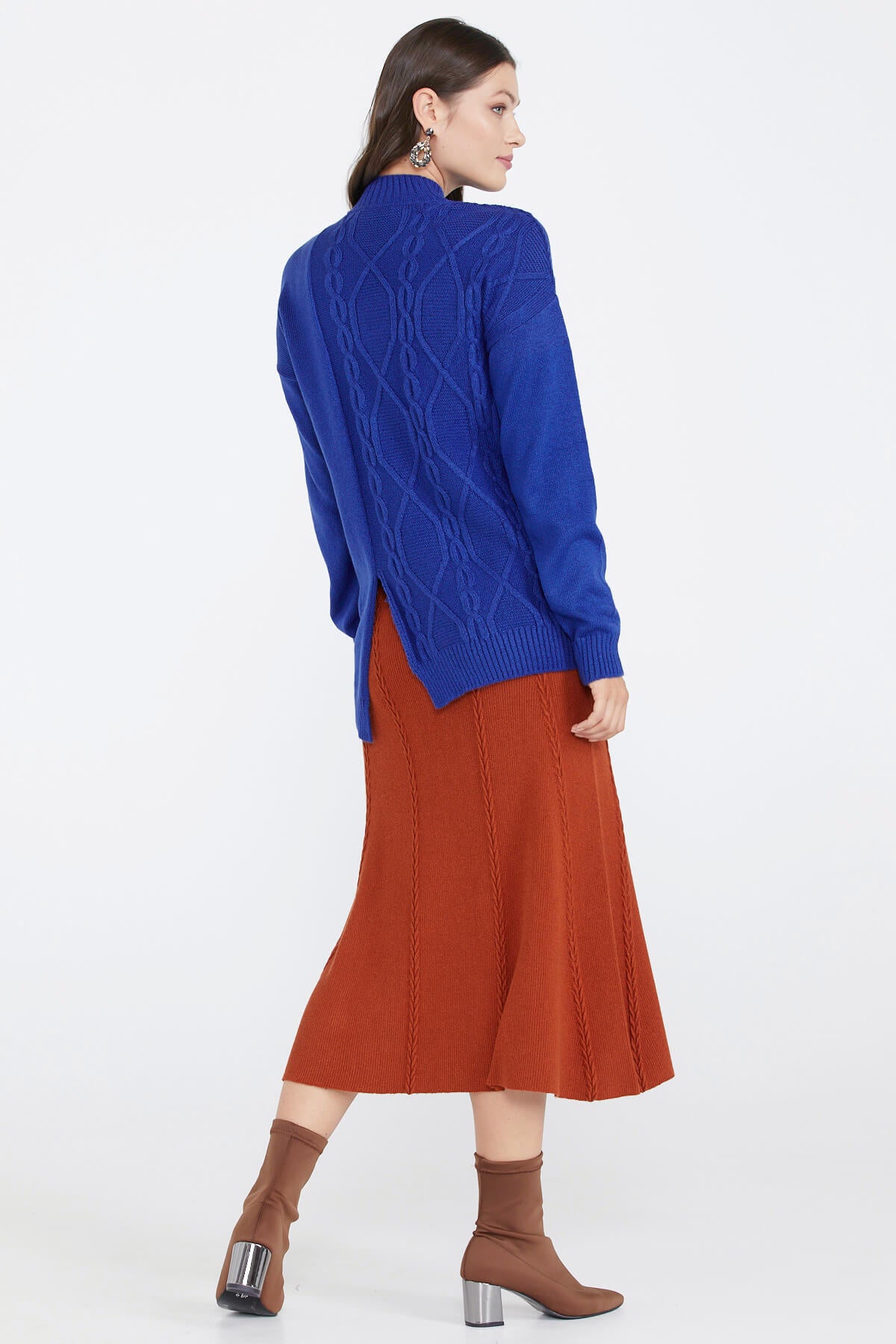 Kadın Yırtmaçlı Triko Kazak - Saks (3) Sementa