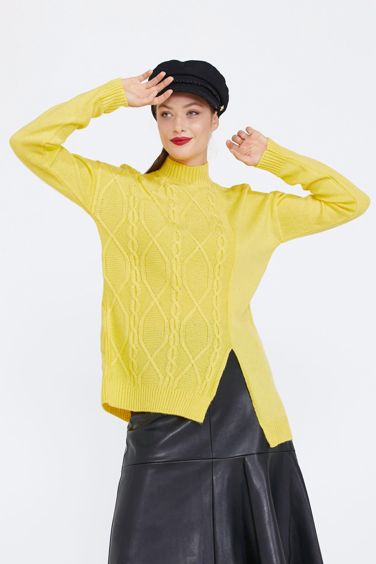 Kadın Yırtmaçlı Triko Kazak - Sarı (3) Sementa