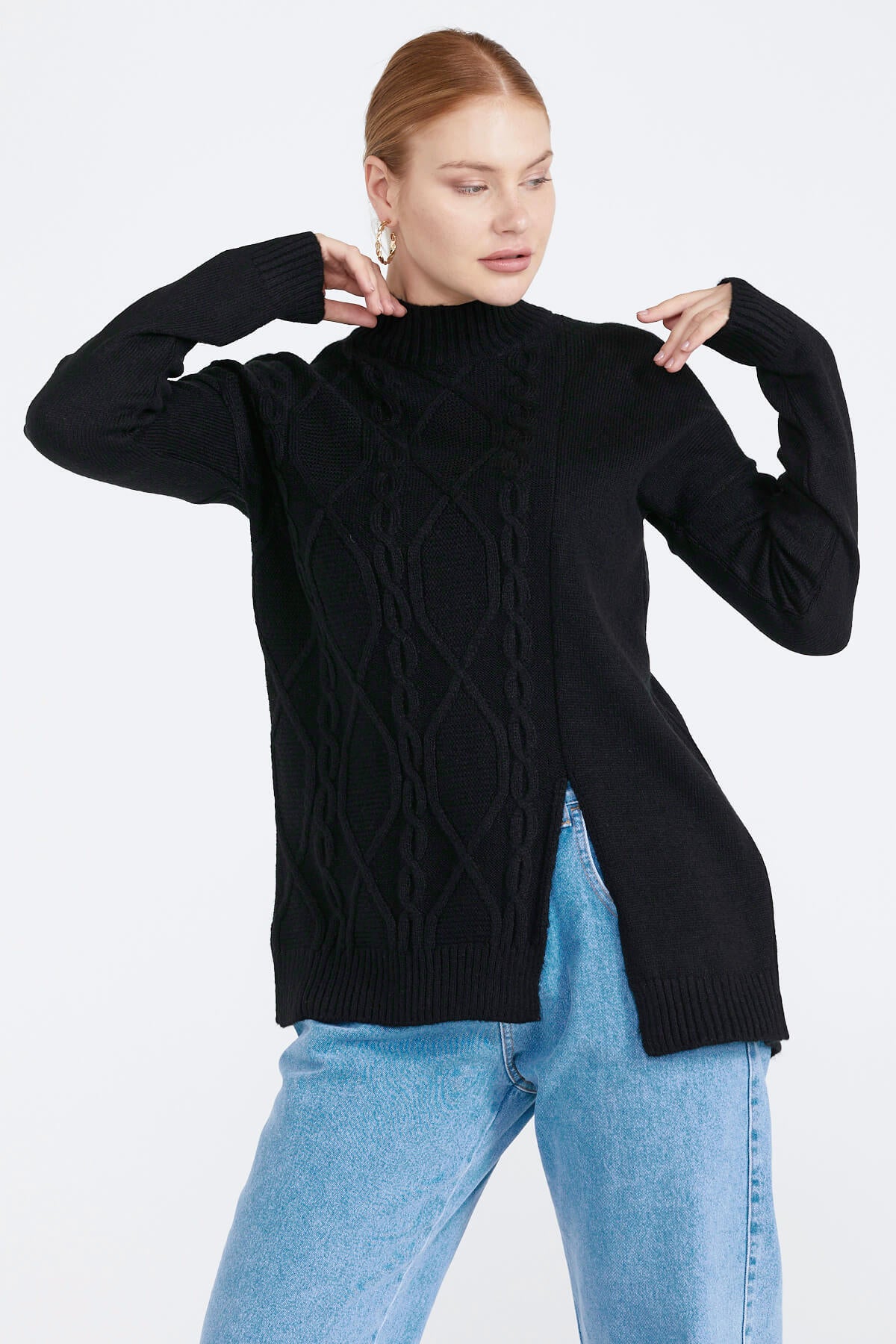 Kadın Yırtmaçlı Triko Kazak - Siyah (3) Sementa