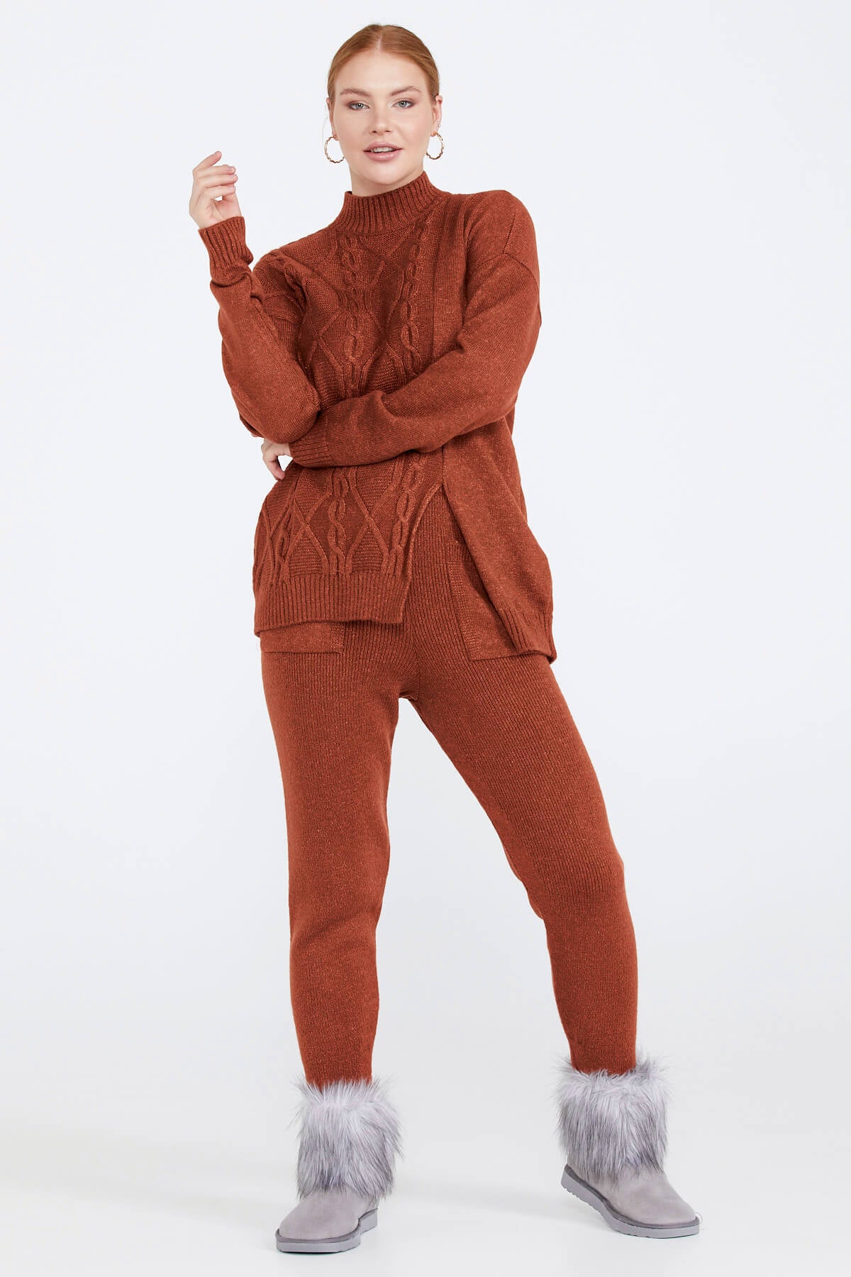 Kadın Yırtmaçlı Triko Kazak - Taba (3) Sementa