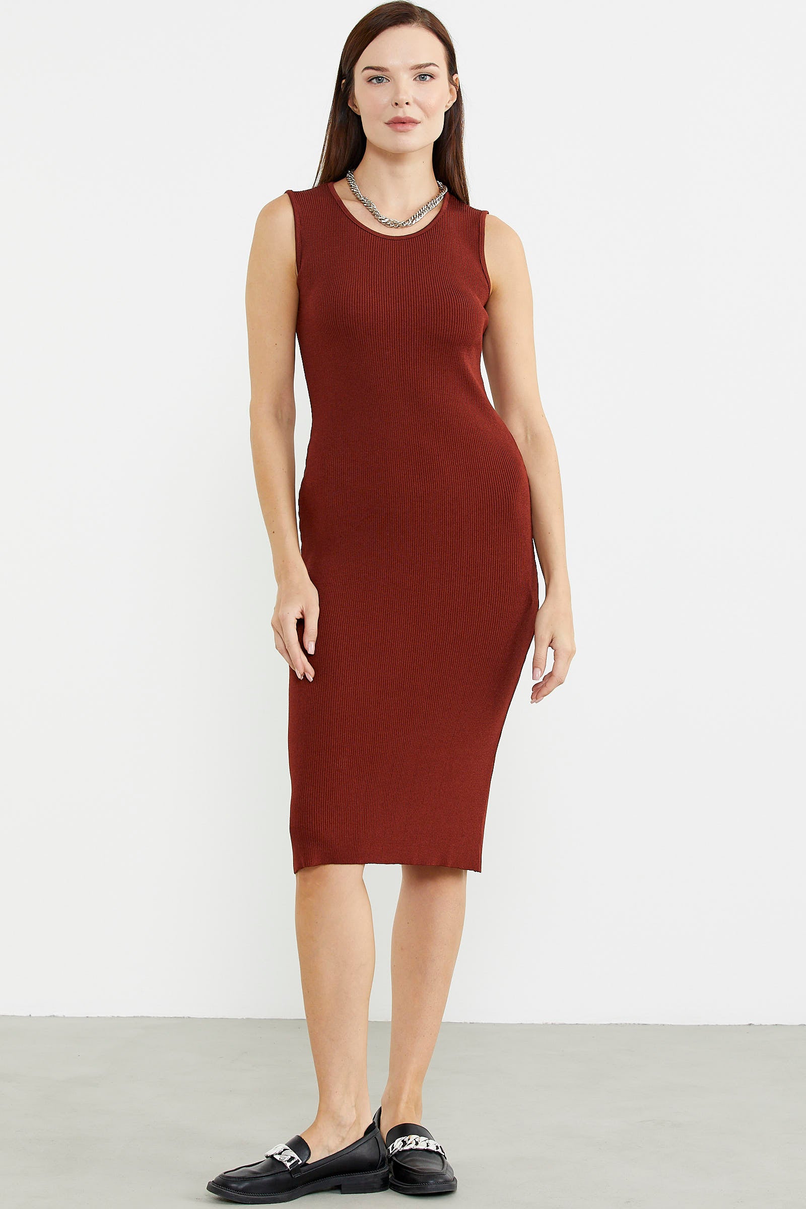 Kalın Askılı Uzun Triko Elbise - Kiremit - Sementa