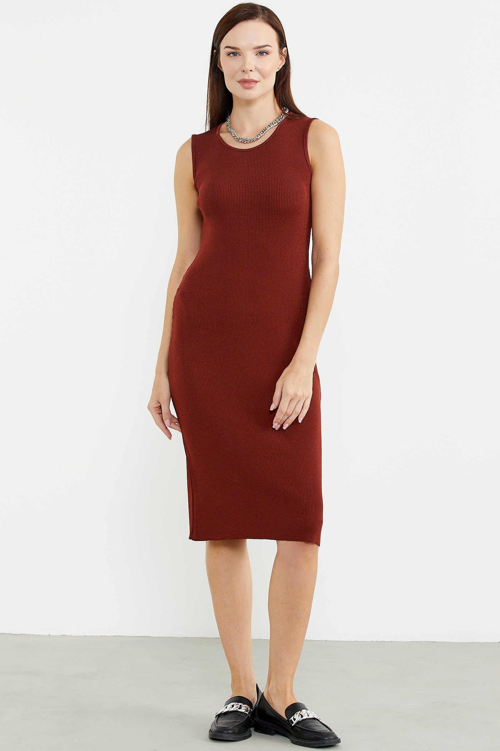 Kalın Askılı Uzun Triko Elbise - Kiremit - Sementa