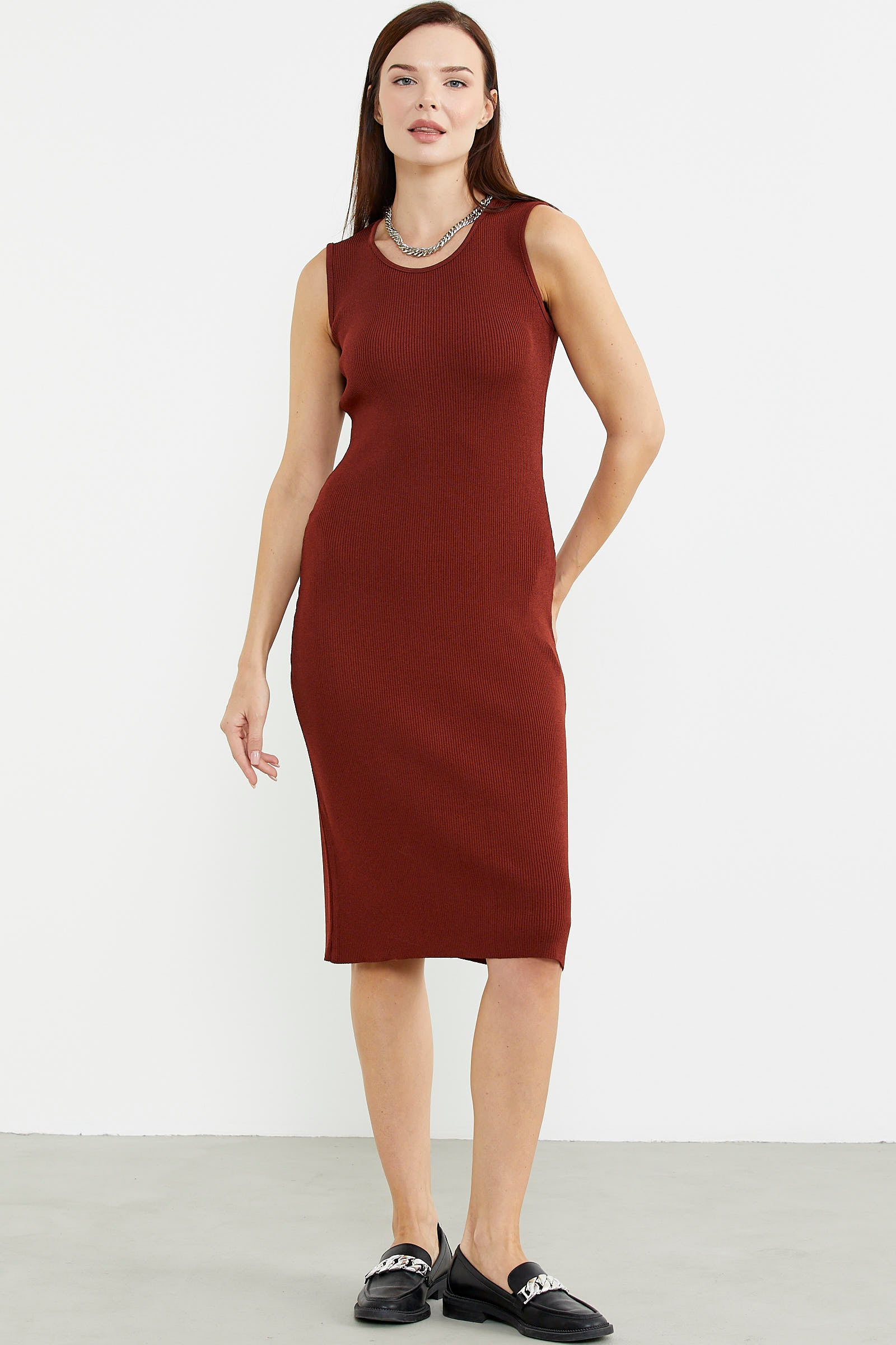 Kalın Askılı Uzun Triko Elbise - Kiremit - Sementa