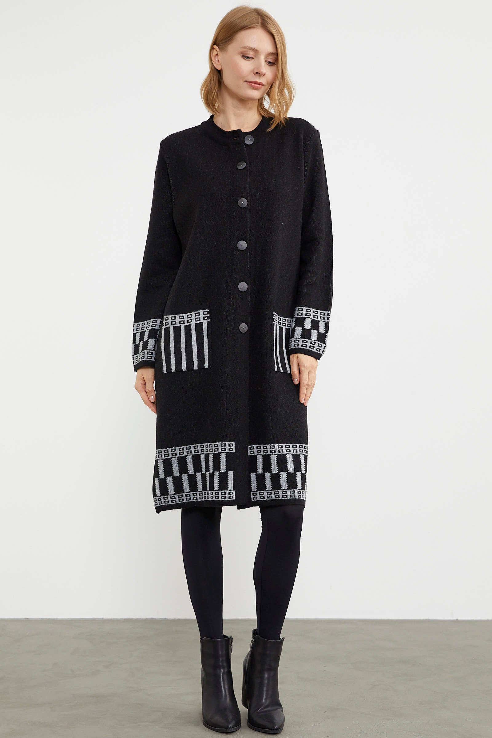 Kalın Dolu İğne Uzun Triko Hırka - Siyah (2) Sementa