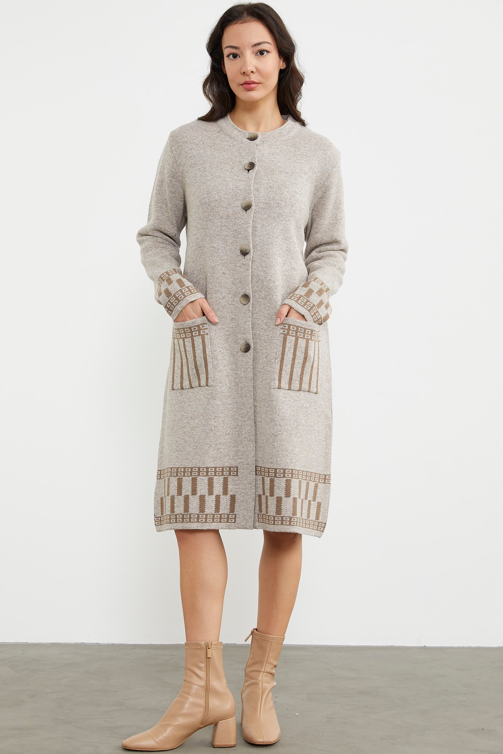 Kalın Dolu İğne Uzun Triko Hırka - Vizon (6) Sementa