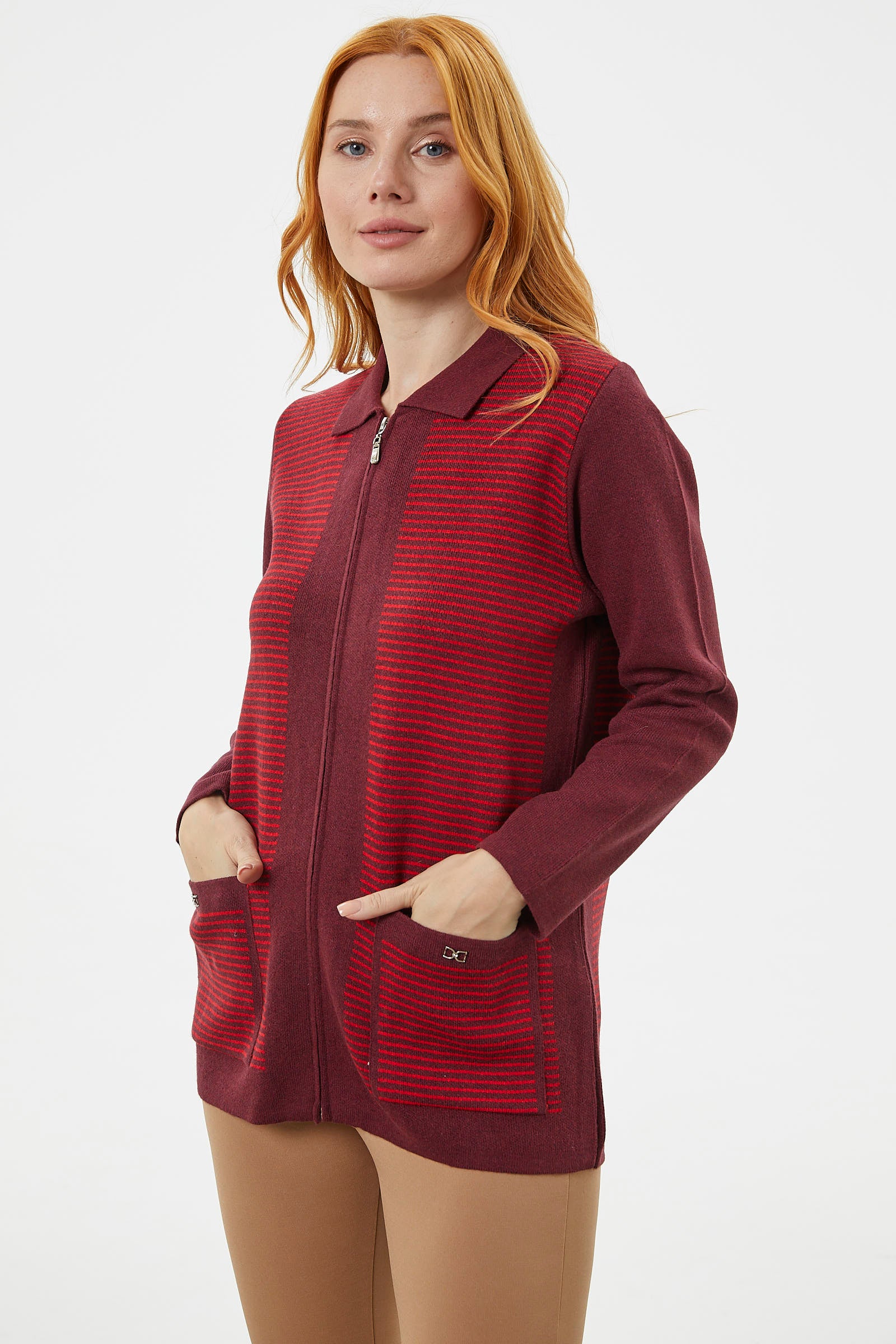 Kalın Fermuarlı Cep Detaylı Triko Hırka - Bordo (2) Sementa