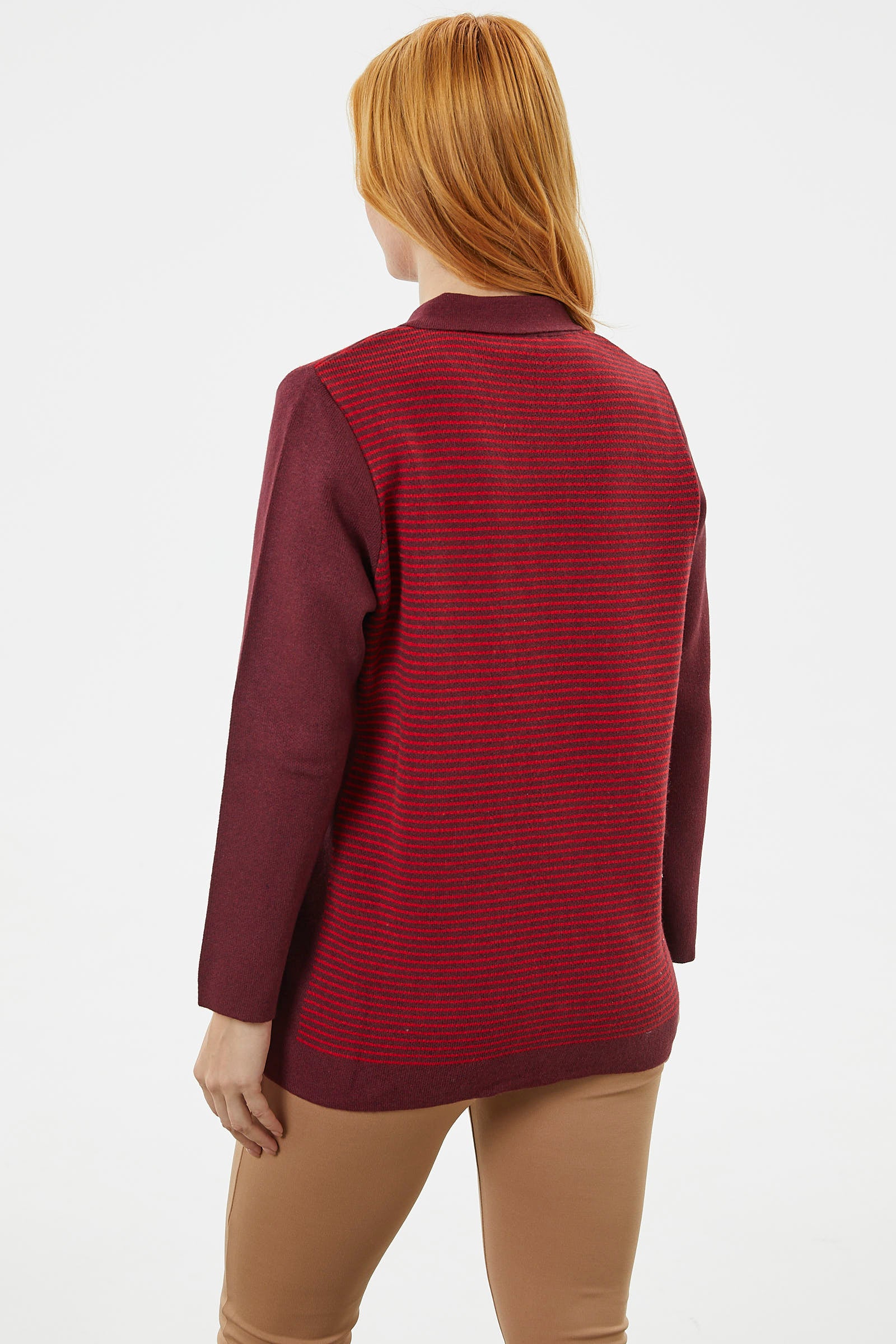 Kalın Fermuarlı Cep Detaylı Triko Hırka - Bordo (5) Sementa