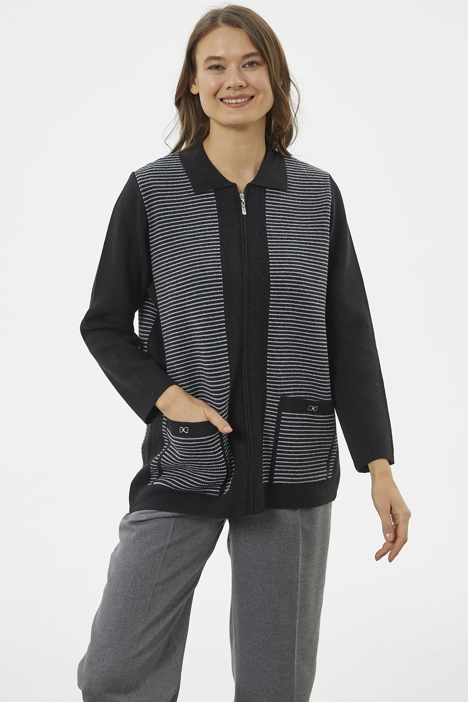 Kalın Fermuarlı Cep Detaylı Triko Hırka - Siyah (1) Sementa