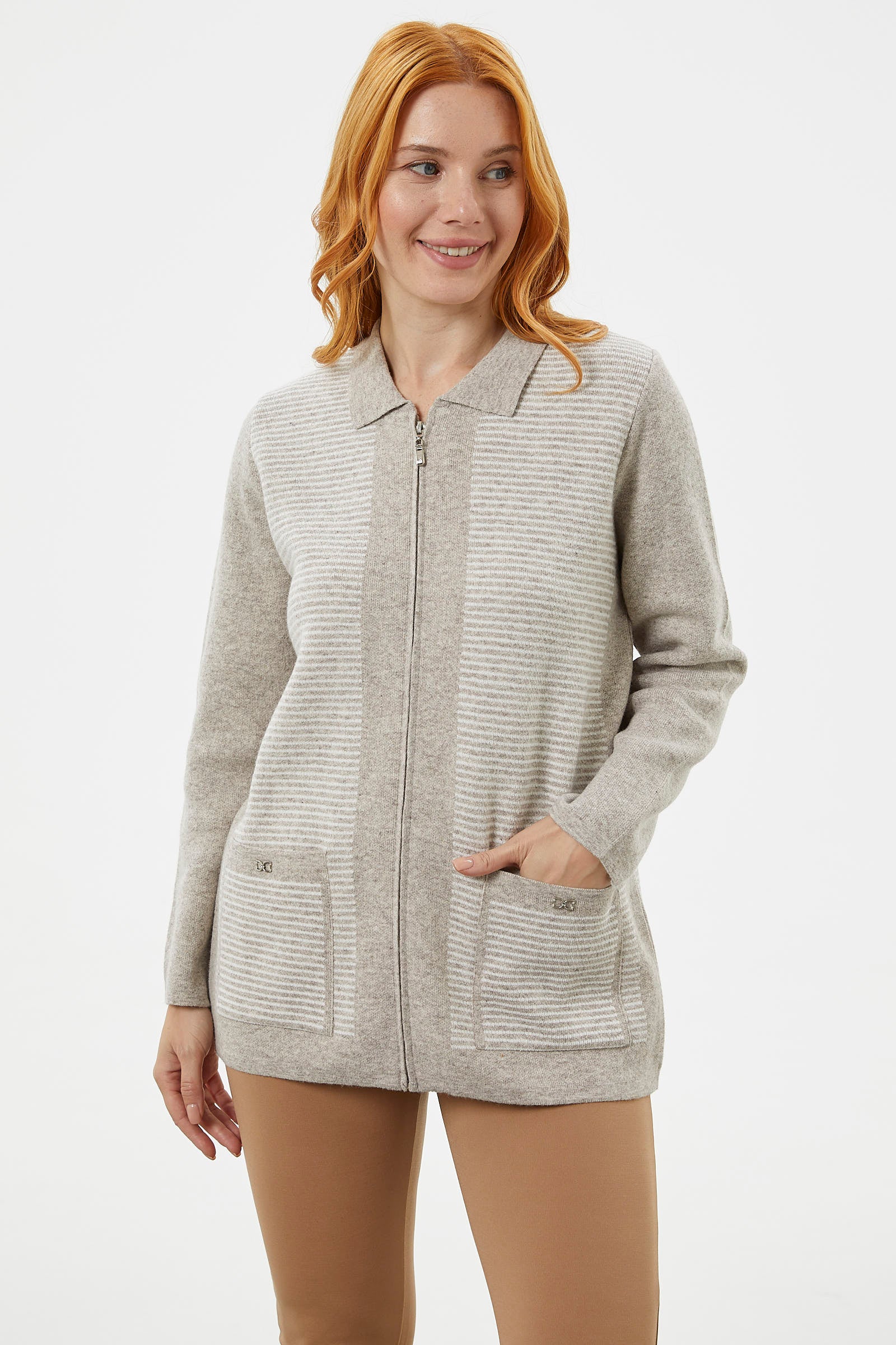 Kalın Fermuarlı Cep Detaylı Triko Hırka - Vizon (2) Sementa