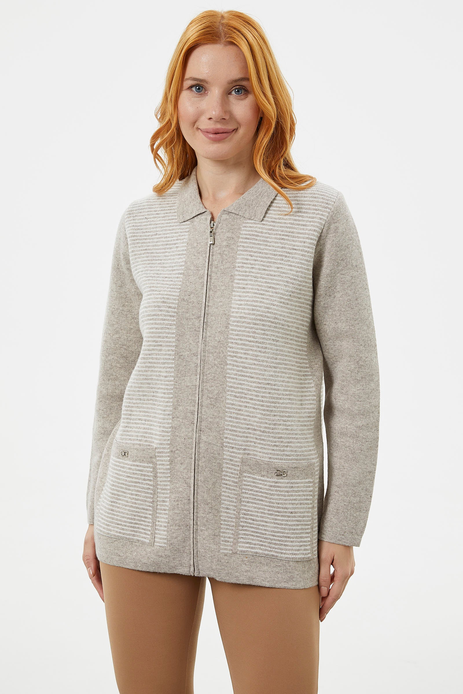 Kalın Fermuarlı Cep Detaylı Triko Hırka - Vizon (3) Sementa