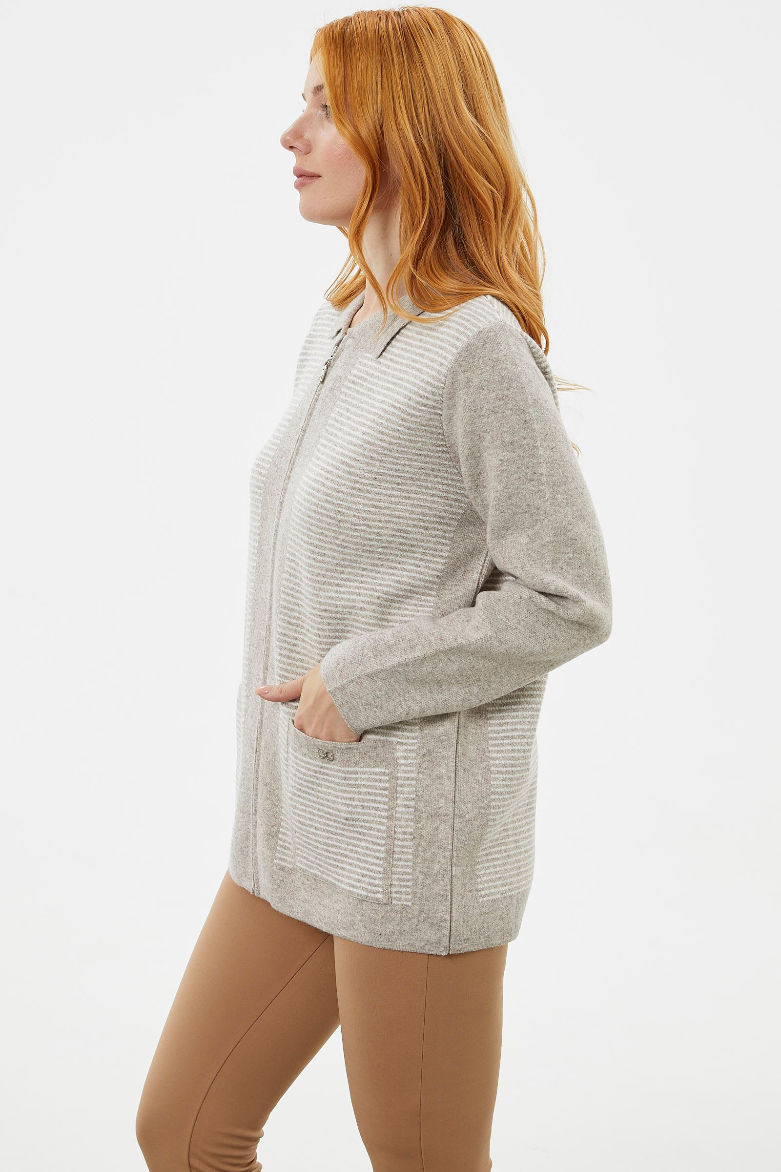 Kalın Fermuarlı Cep Detaylı Triko Hırka - Vizon (5) Sementa