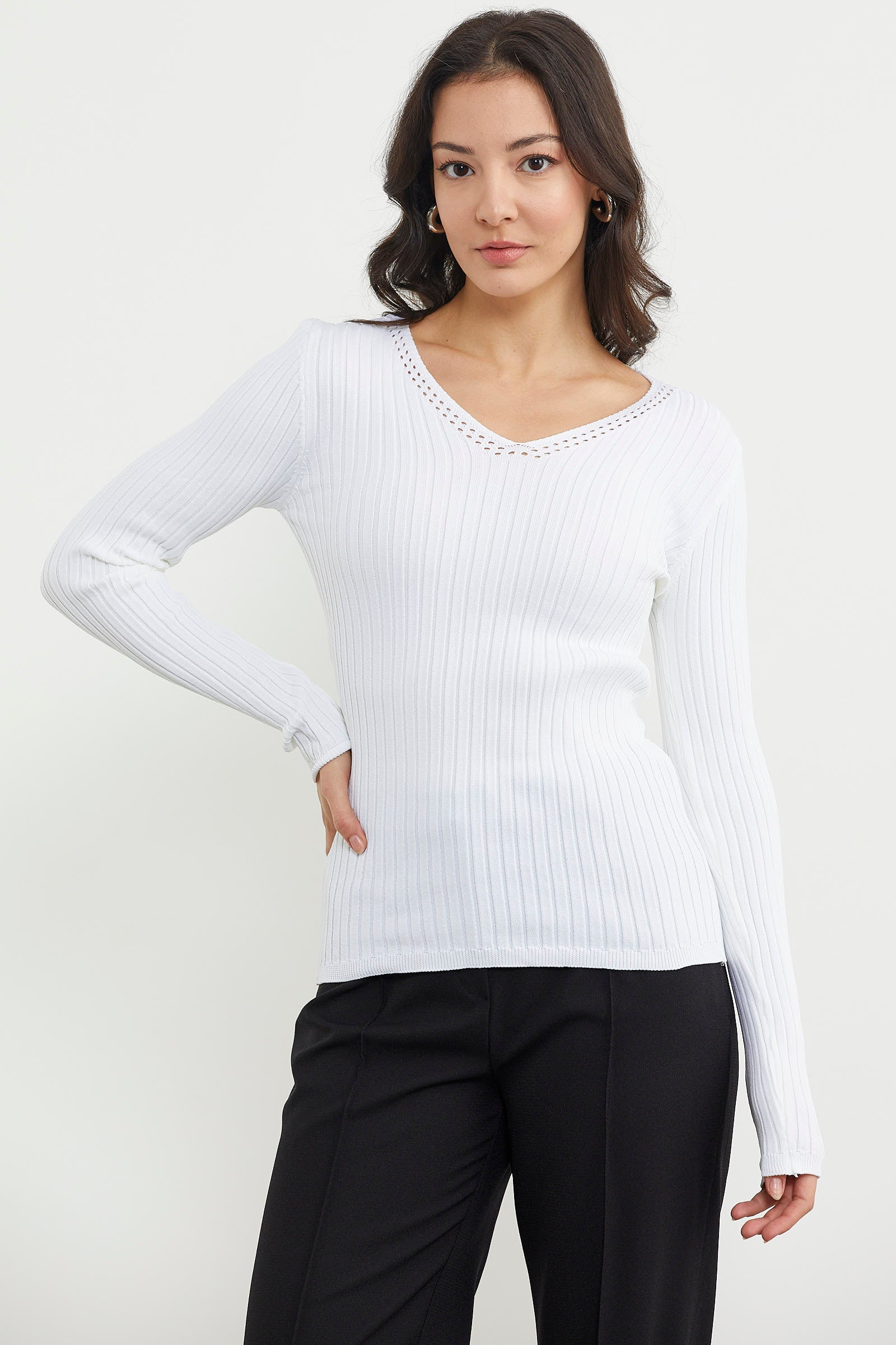 Kalın Fitilli V Yaka Triko Kazak - Kemik (3) Sementa