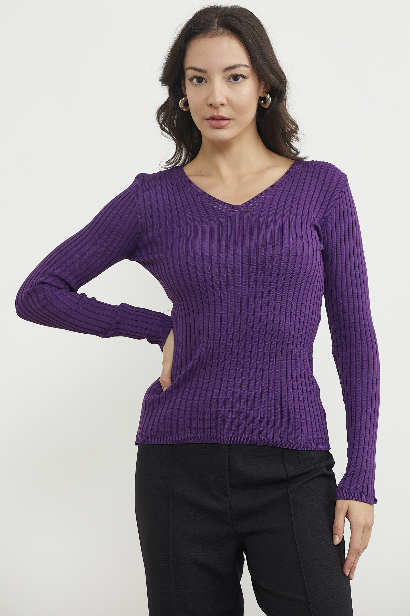 Kalın Fitilli V Yaka Triko Kazak - Mor (1) Sementa