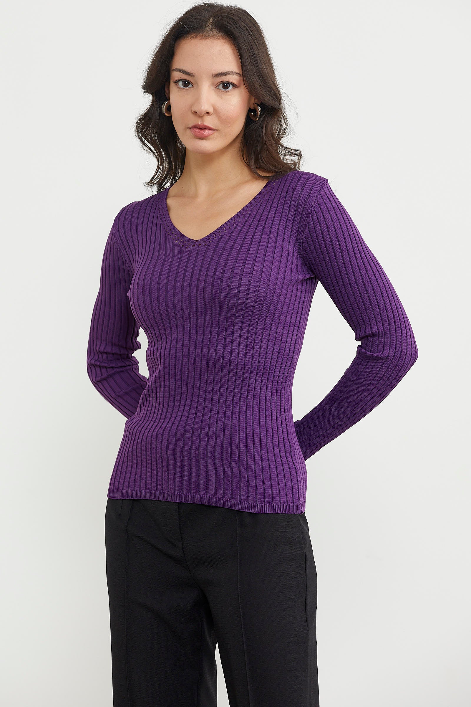 Kalın Fitilli V Yaka Triko Kazak - Mor (3) Sementa