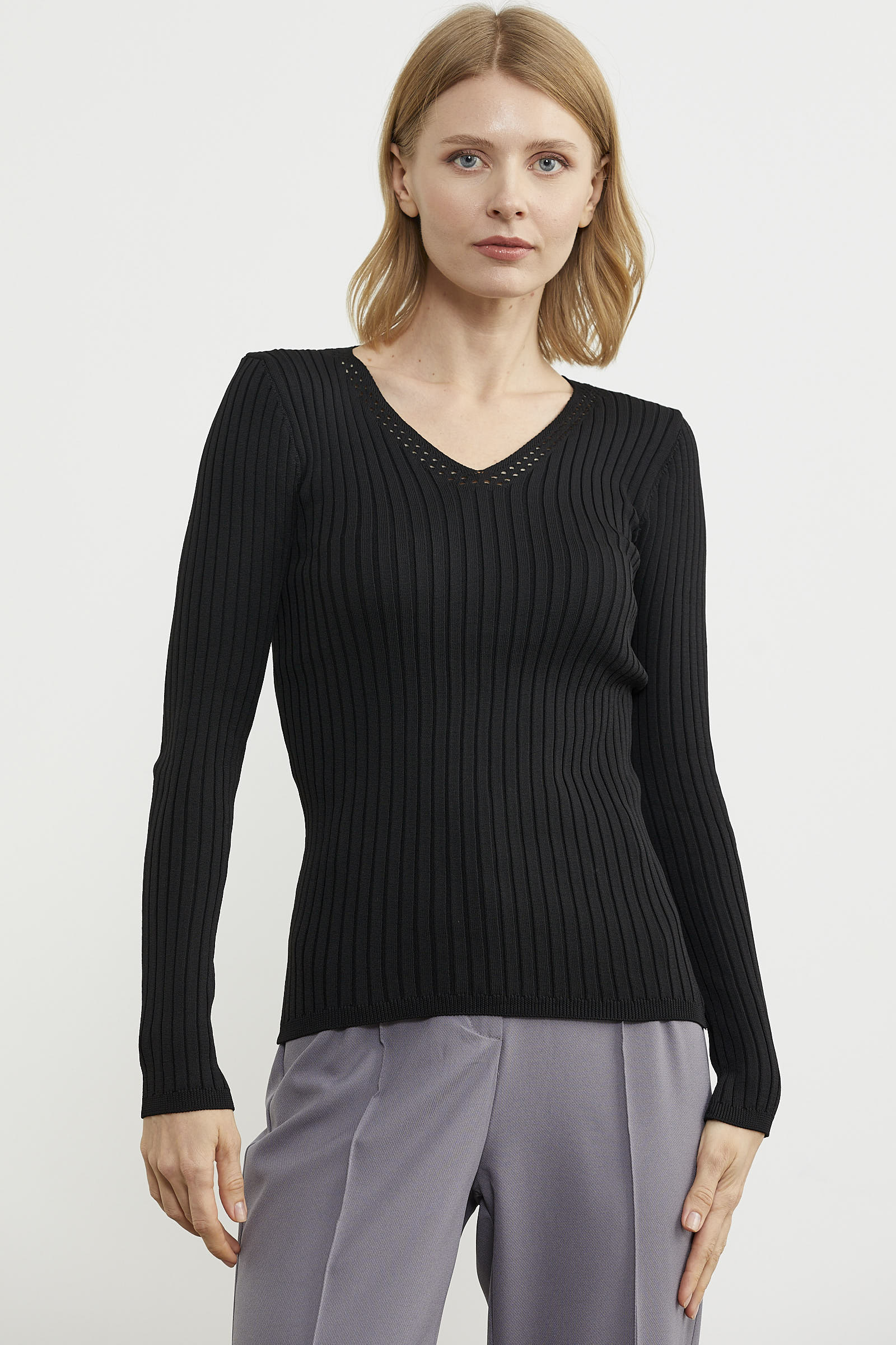 Kalın Fitilli V Yaka Triko Kazak - Siyah (1) Sementa