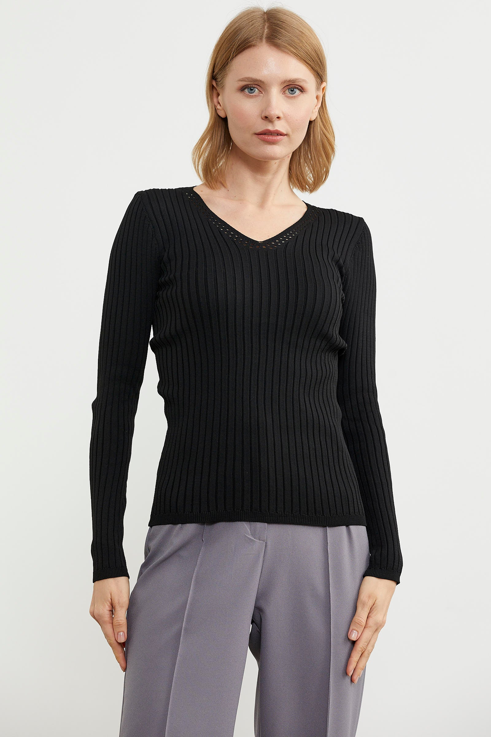 Kalın Fitilli V Yaka Triko Kazak - Siyah (5) Sementa