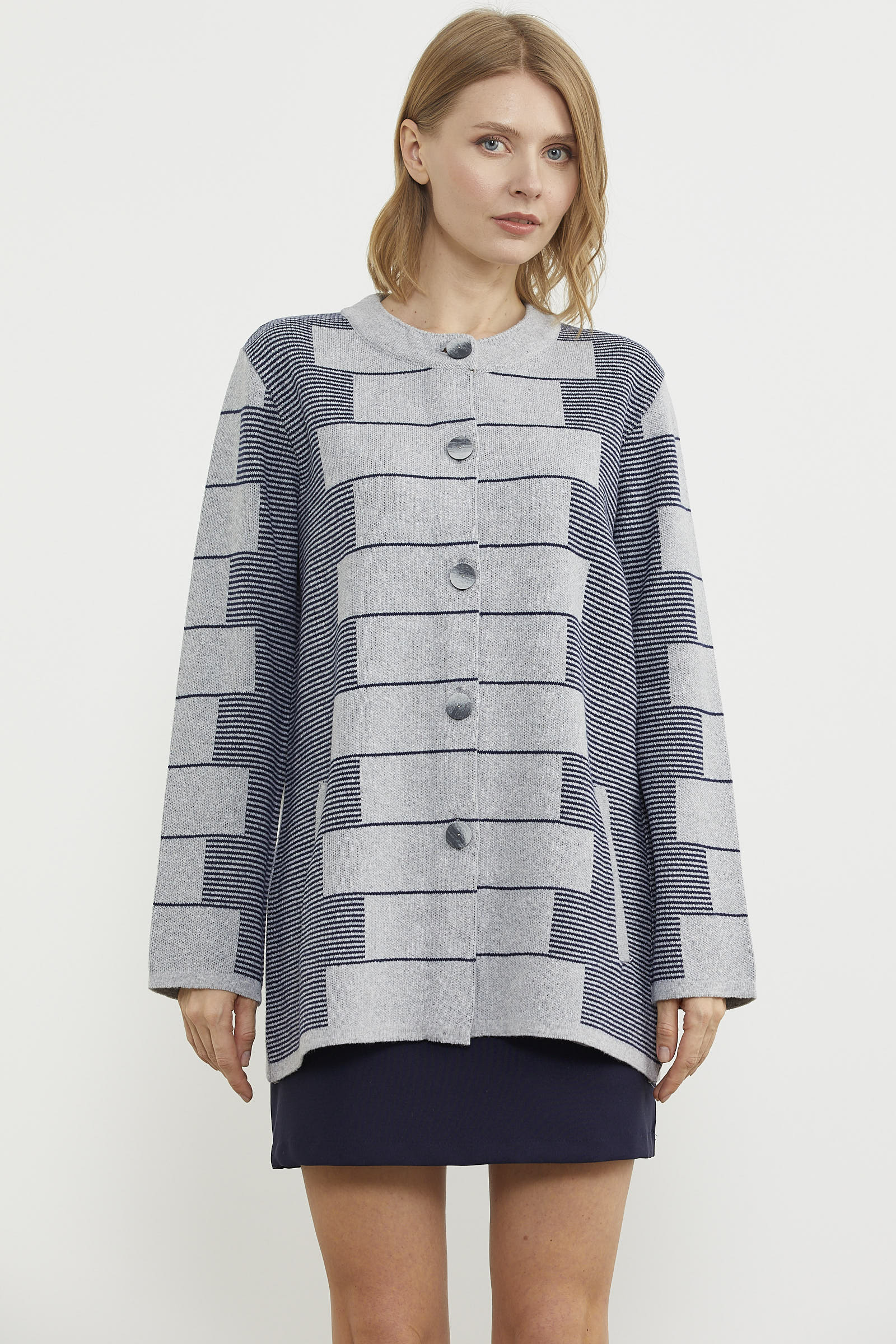 Kalın Yünlü Blok Desen Triko Ceket - Gri (2) Sementa