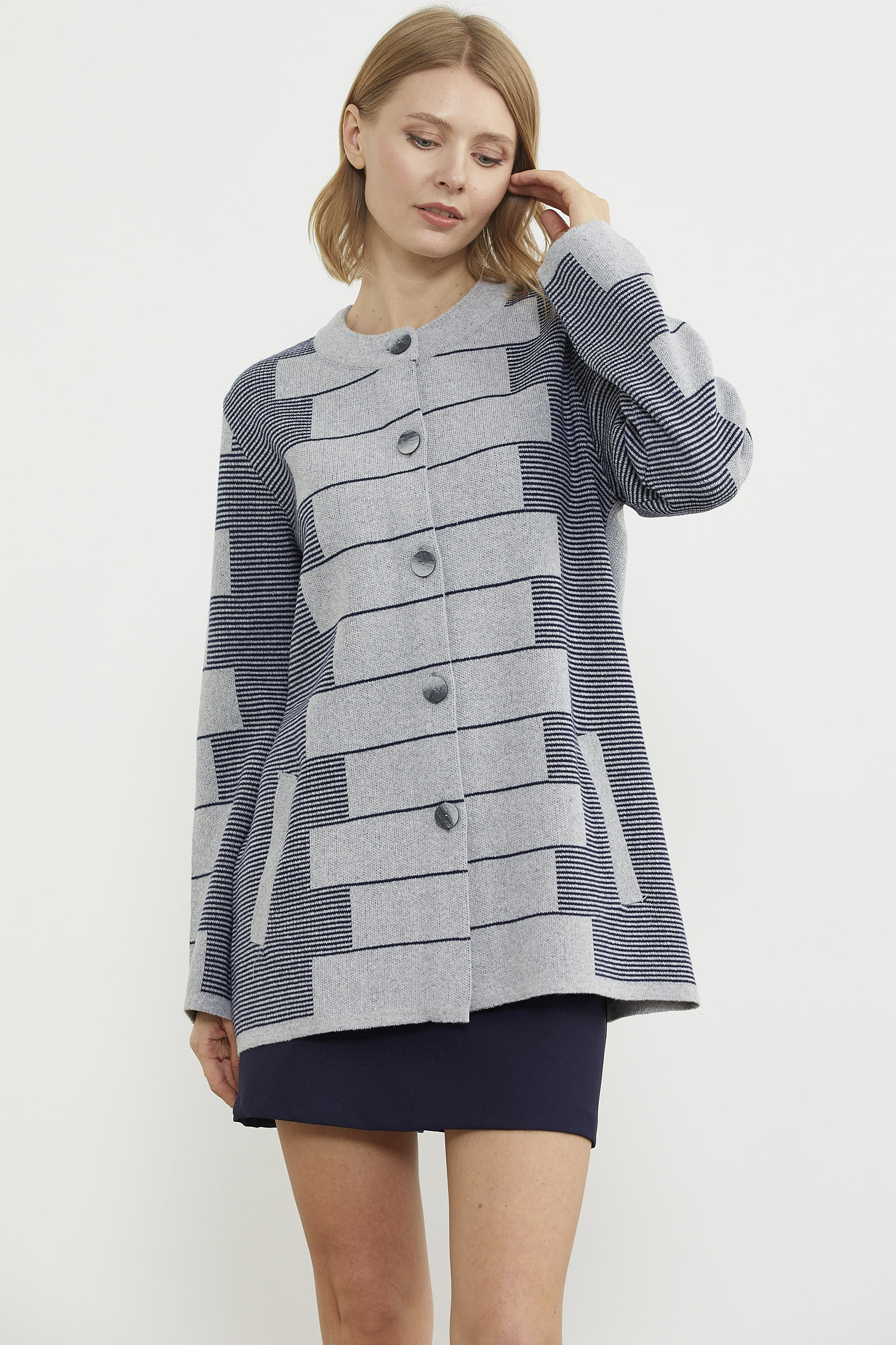 Kalın Yünlü Blok Desen Triko Ceket - Gri (3) Sementa