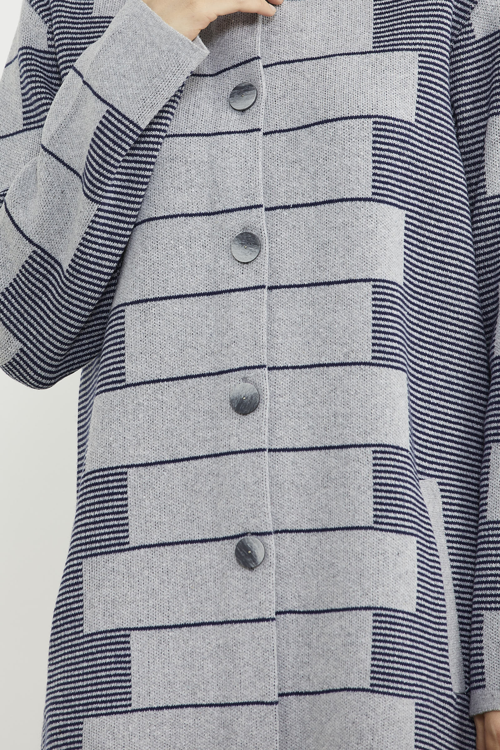 Kalın Yünlü Blok Desen Triko Ceket - Gri (6) Sementa