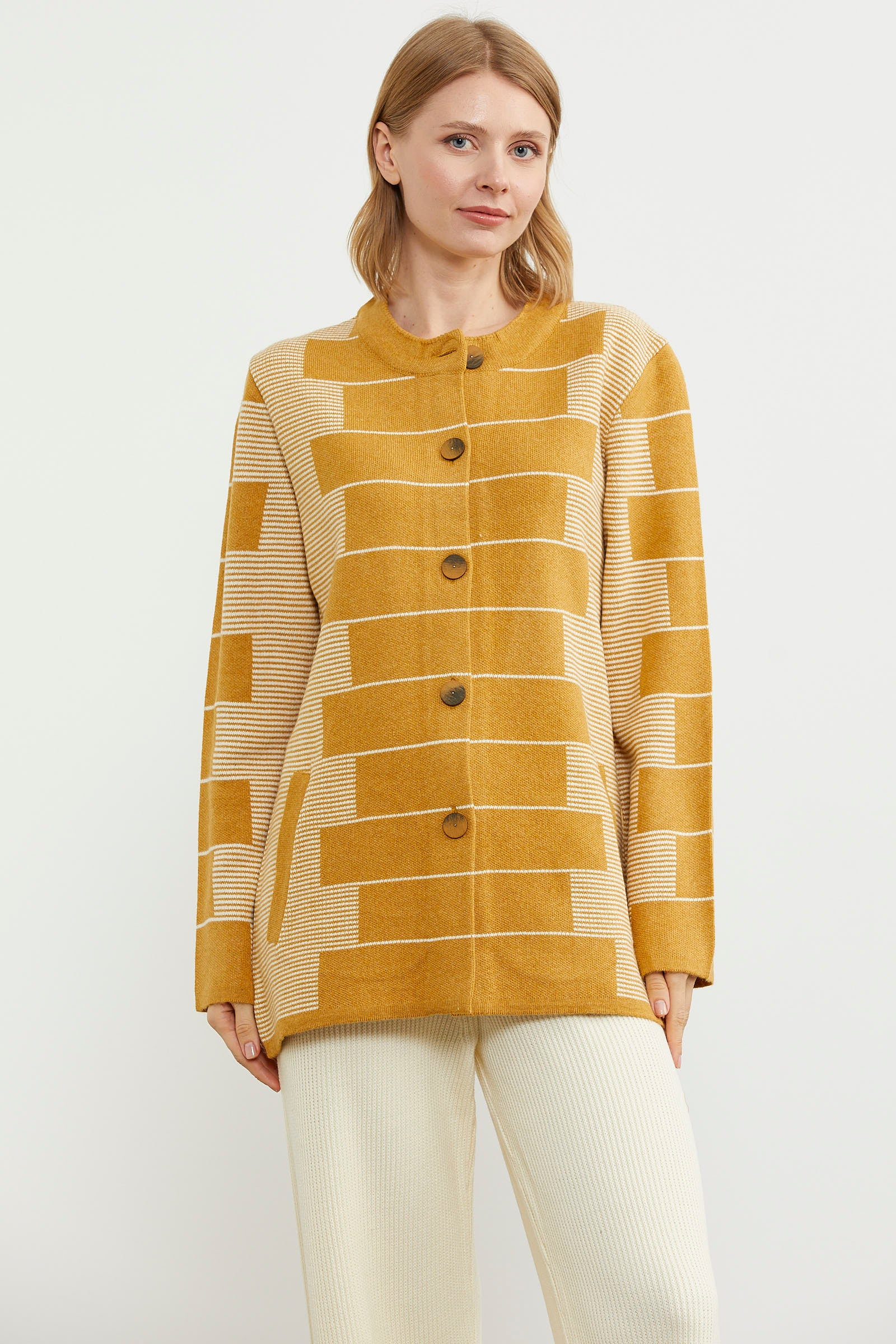 Kalın Yünlü Blok Desen Triko Ceket - Güneş (1) Sementa