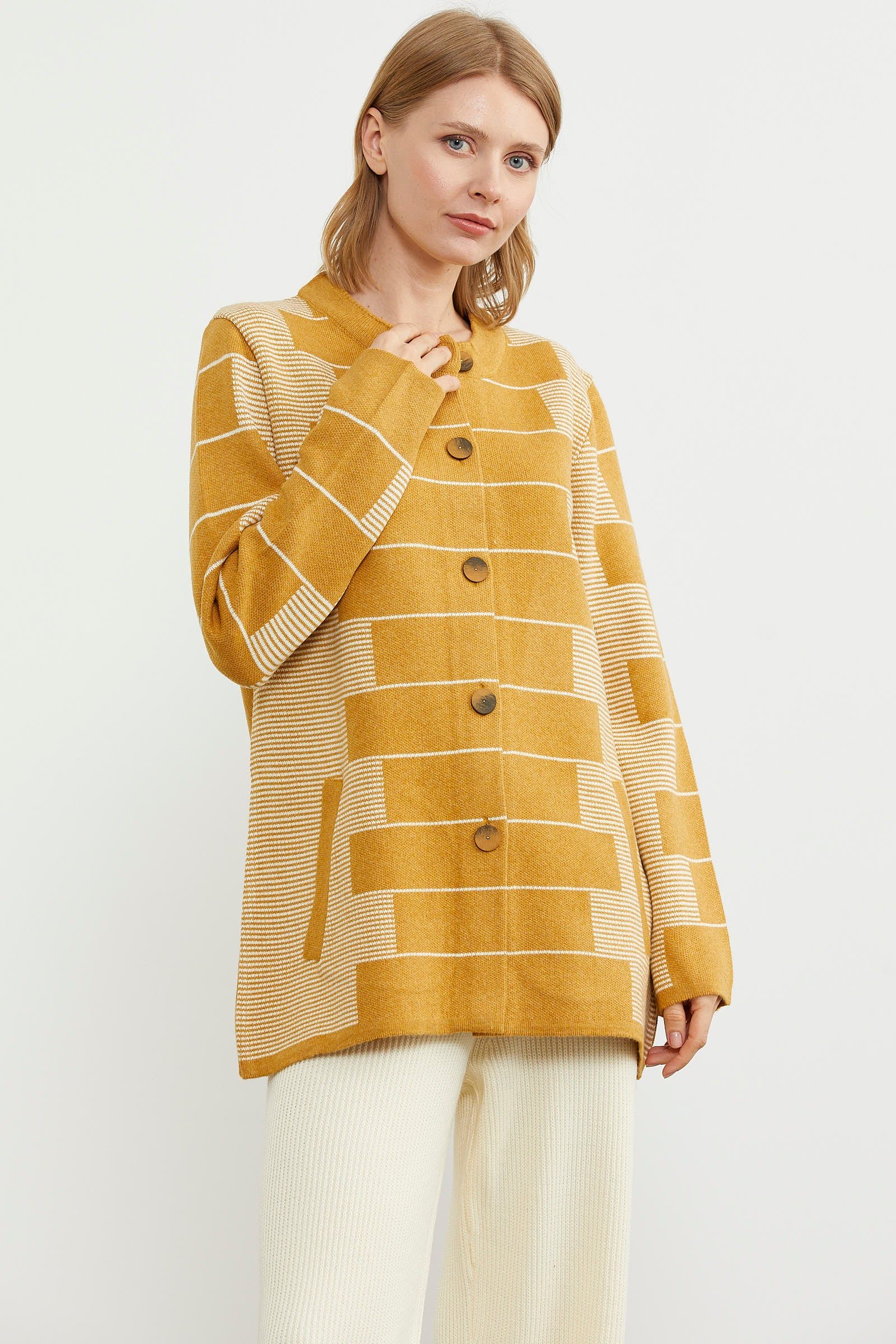 Kalın Yünlü Blok Desen Triko Ceket - Güneş (2) Sementa