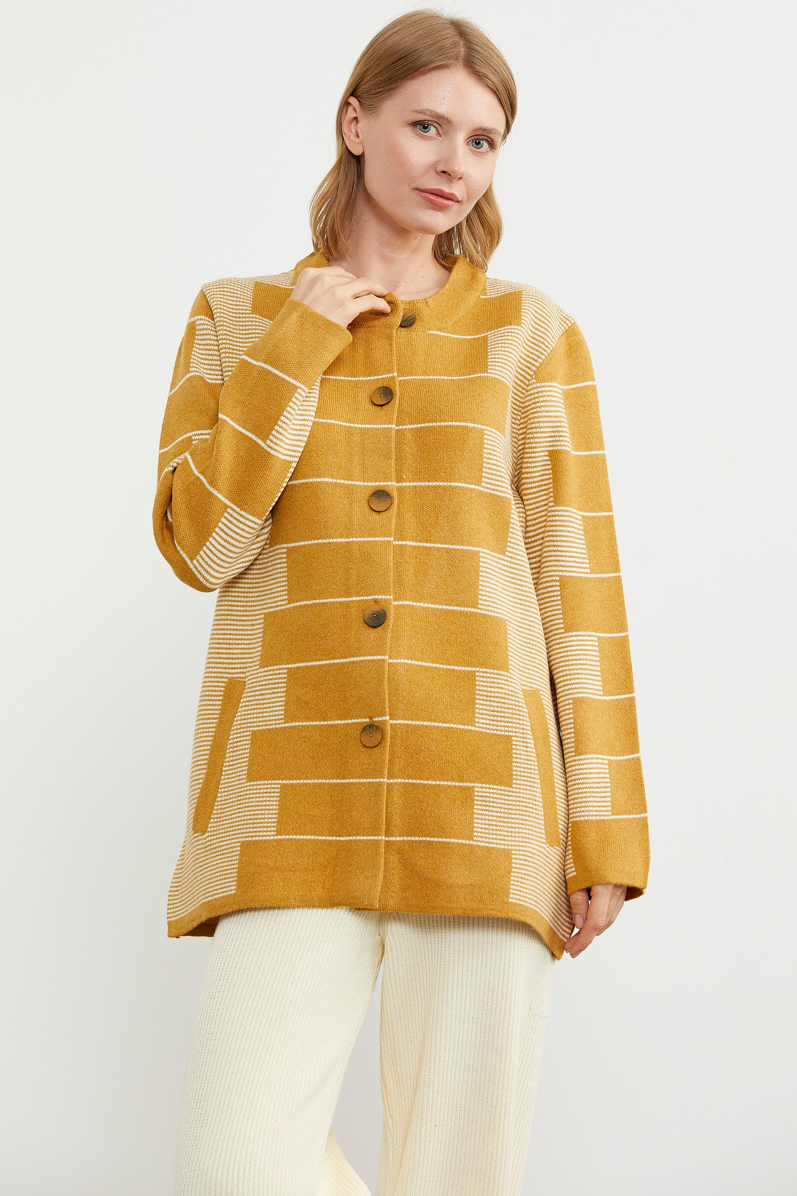 Kalın Yünlü Blok Desen Triko Ceket - Güneş (3) Sementa