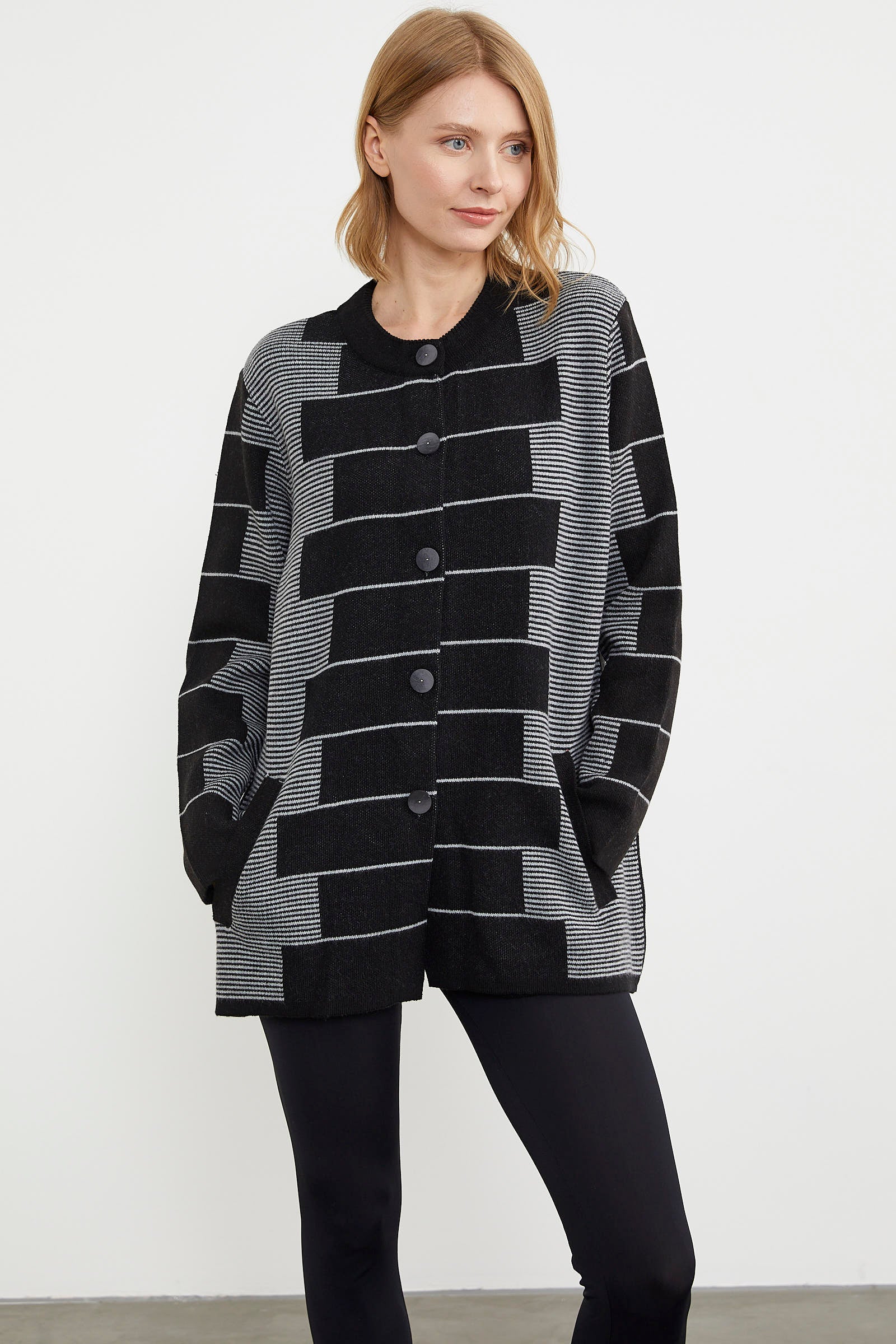 Kalın Yünlü Blok Desen Triko Ceket - Siyah (2) Sementa