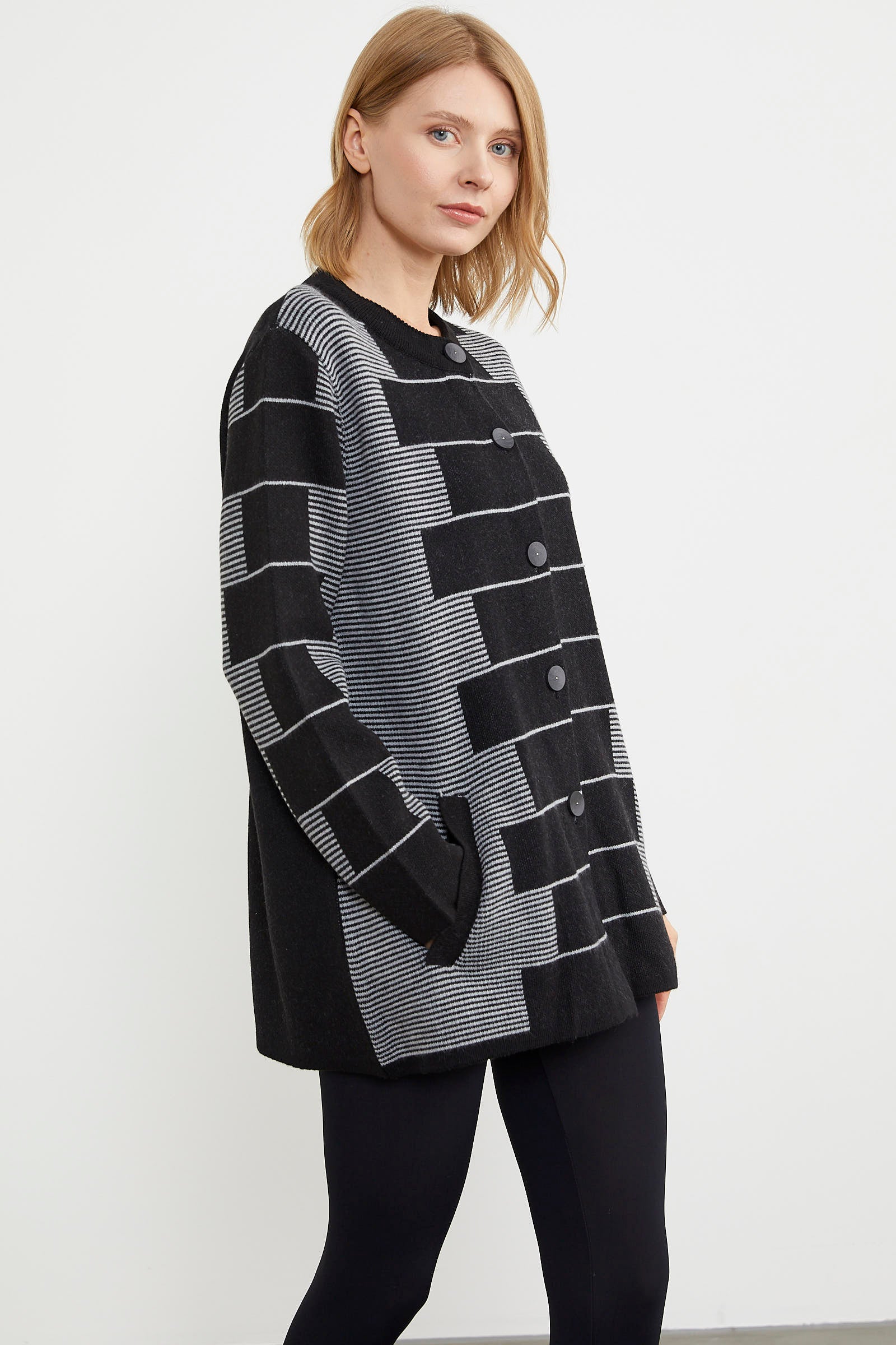 Kalın Yünlü Blok Desen Triko Ceket - Siyah (3) Sementa