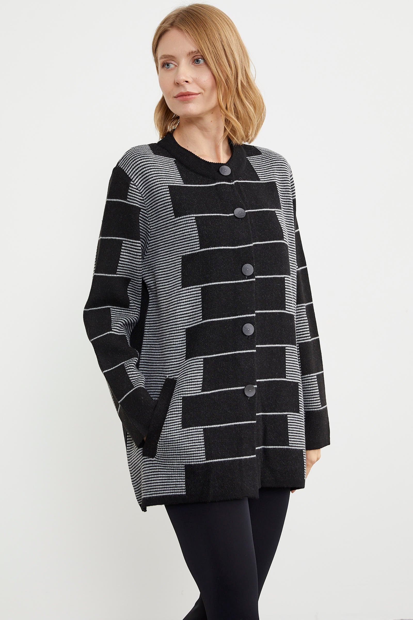 Kalın Yünlü Blok Desen Triko Ceket - Siyah (4) Sementa