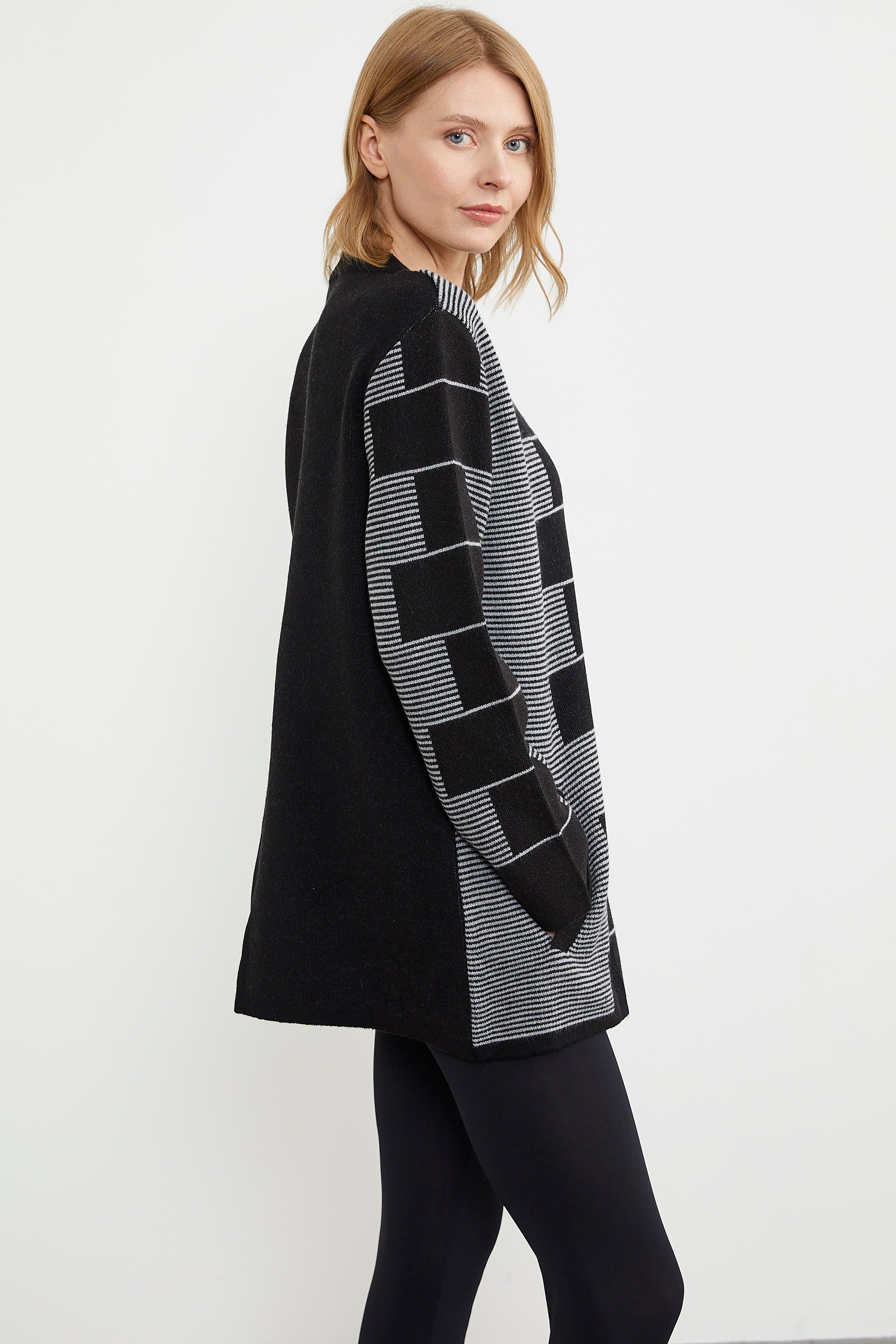 Kalın Yünlü Blok Desen Triko Ceket - Siyah (5) Sementa