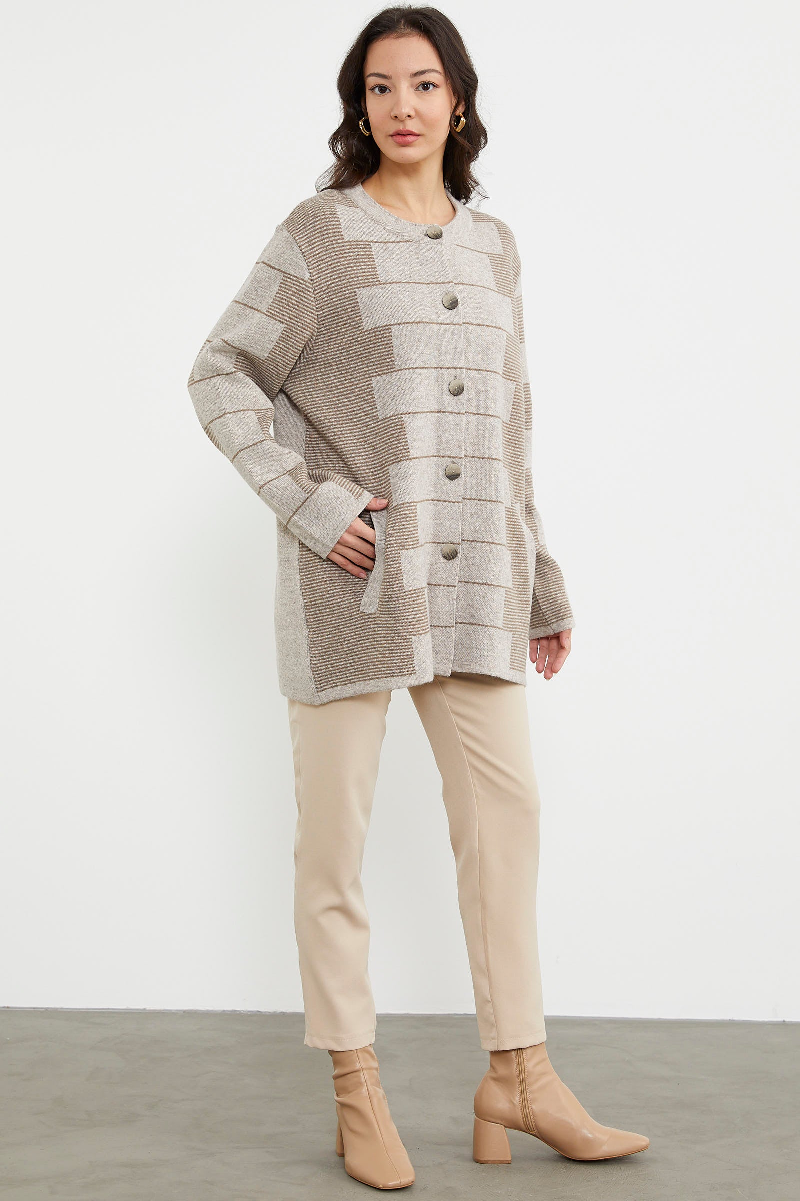 Kalın Yünlü Blok Desen Triko Ceket - Vizon (2) Sementa