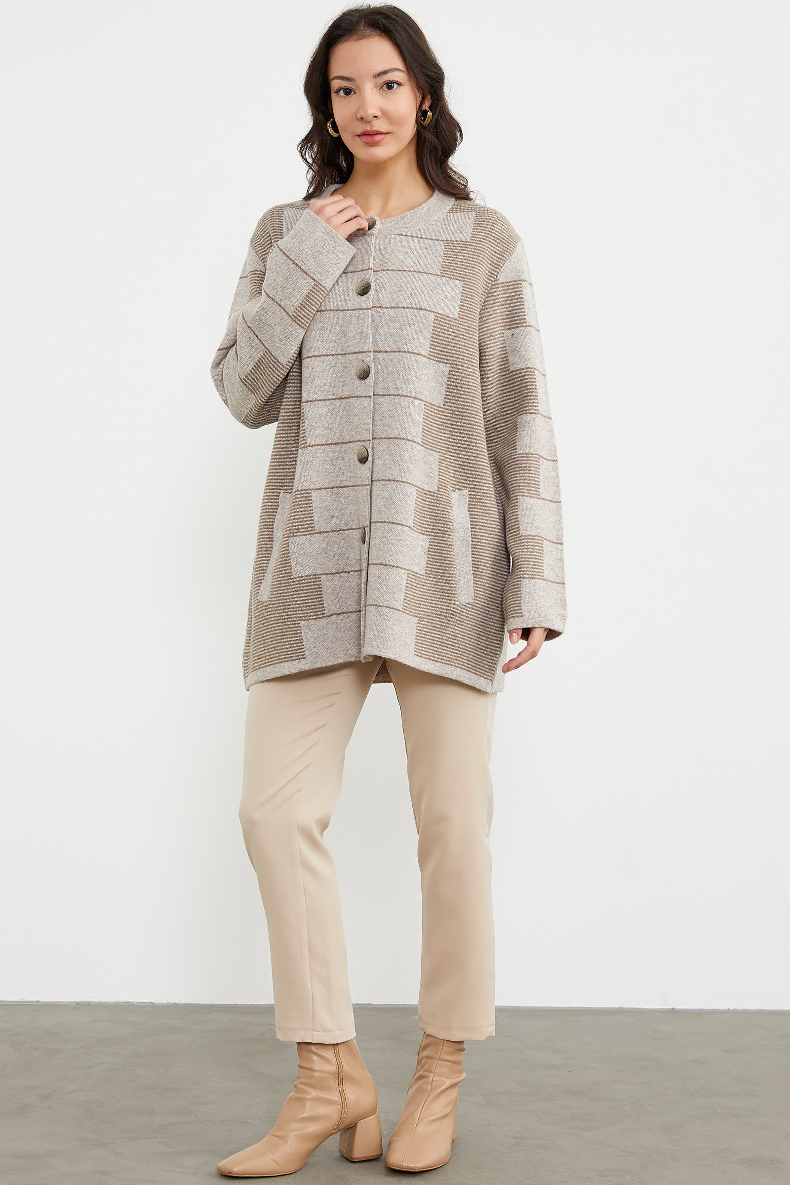 Kalın Yünlü Blok Desen Triko Ceket - Vizon (5) Sementa