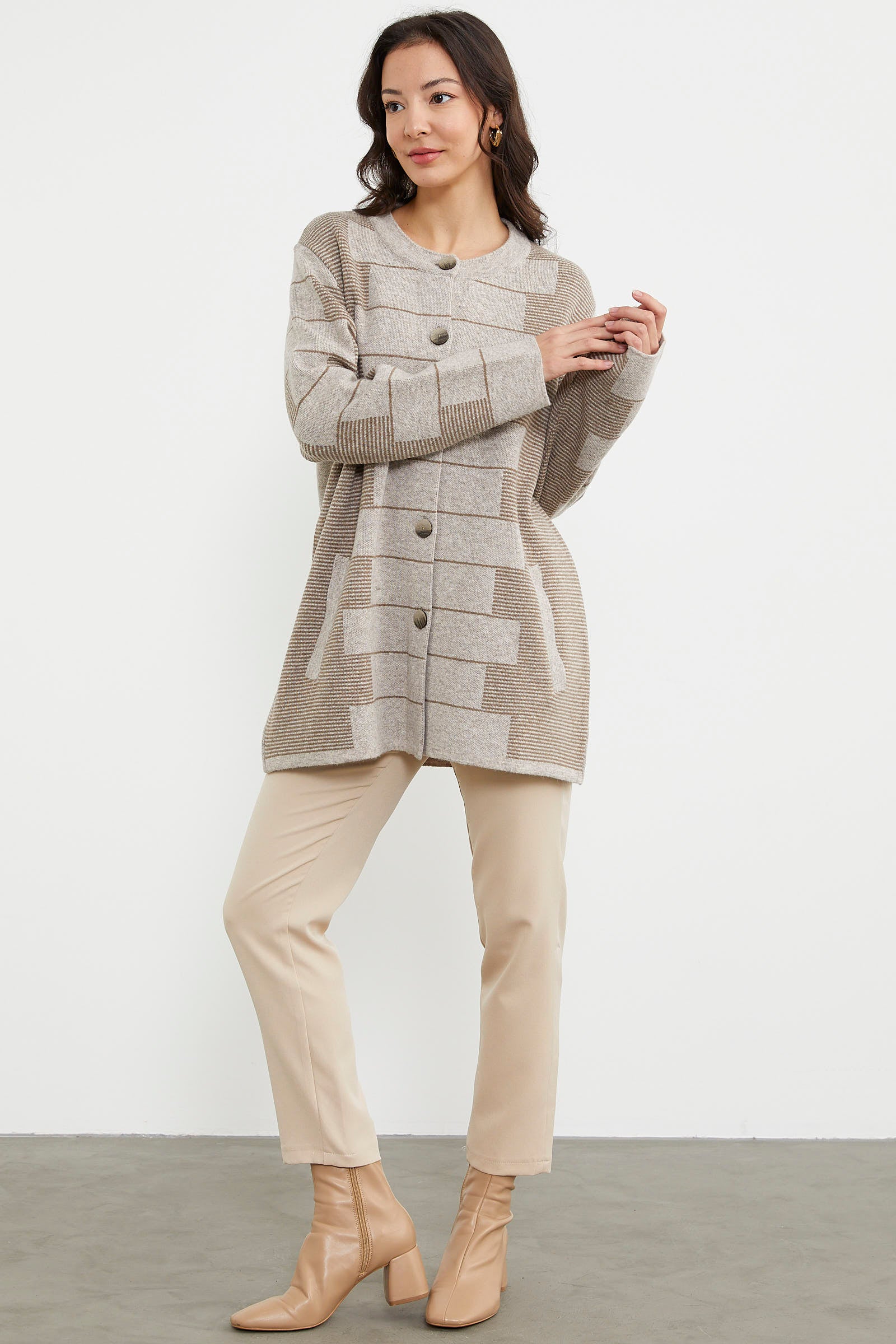 Kalın Yünlü Blok Desen Triko Ceket - Vizon (3) Sementa