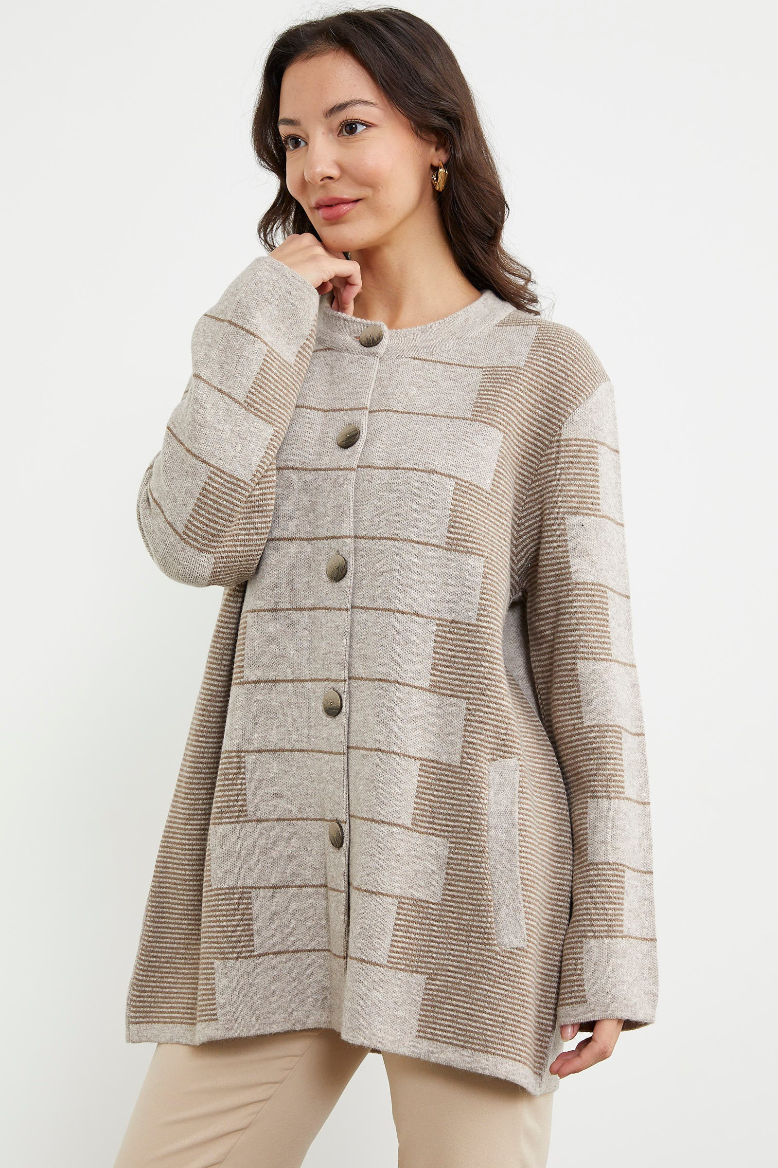 Kalın Yünlü Blok Desen Triko Ceket - Vizon (4) Sementa